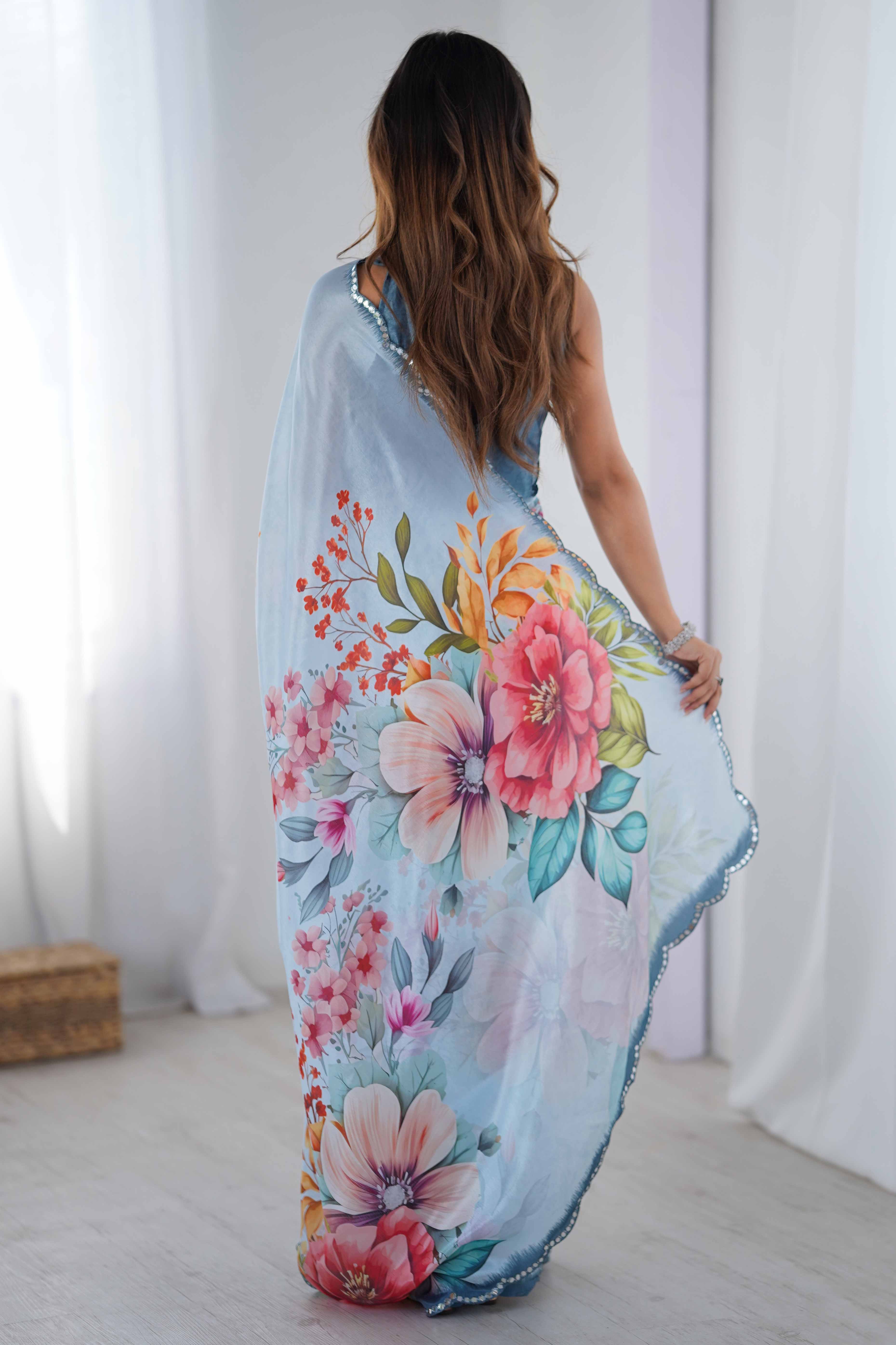 Sky Blue Chinon Saree with Glimmering Mirror Work and Floral Prints