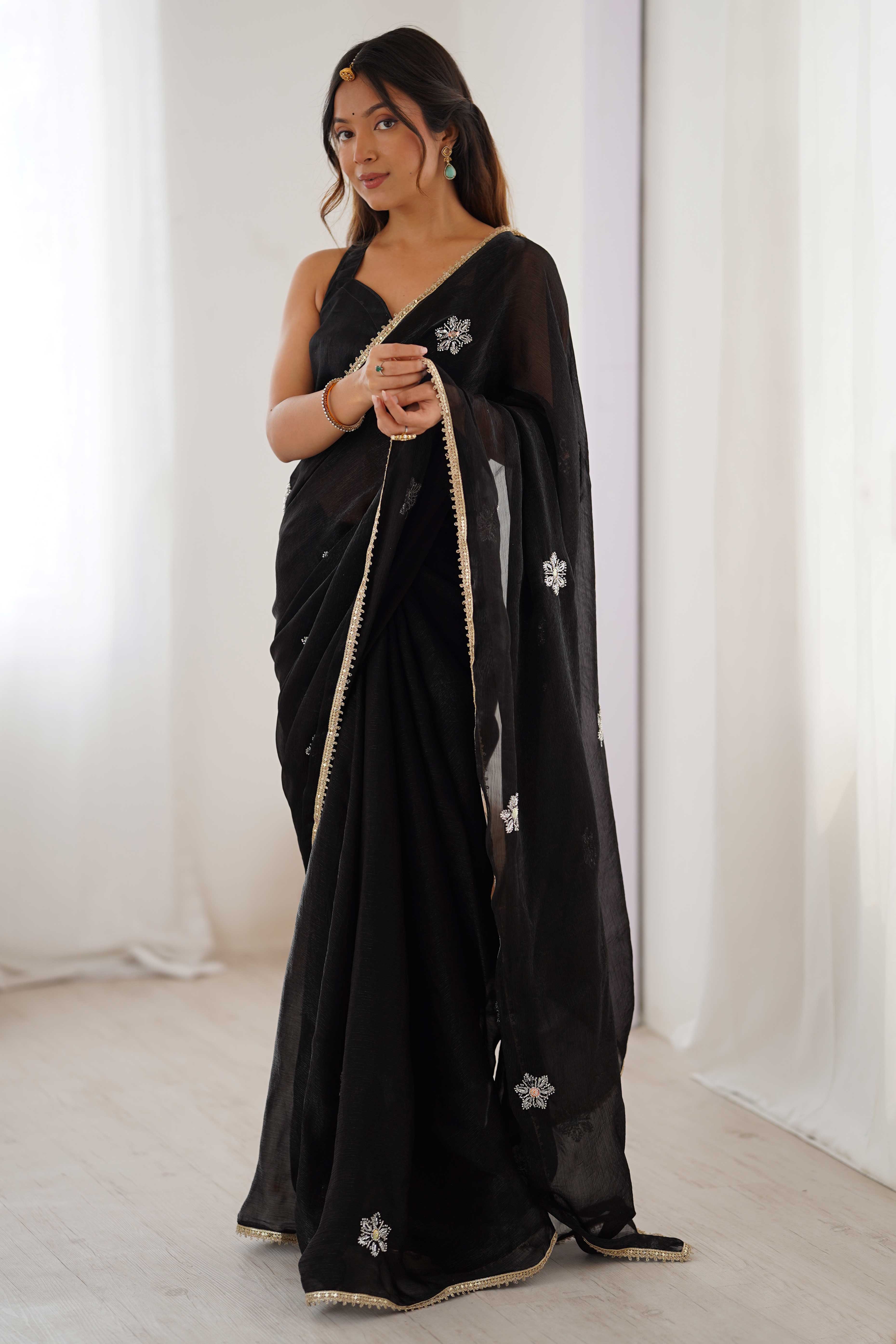 Black Organza Saree Embellished with Intricate Floral Work and Elegant Lace Detailing