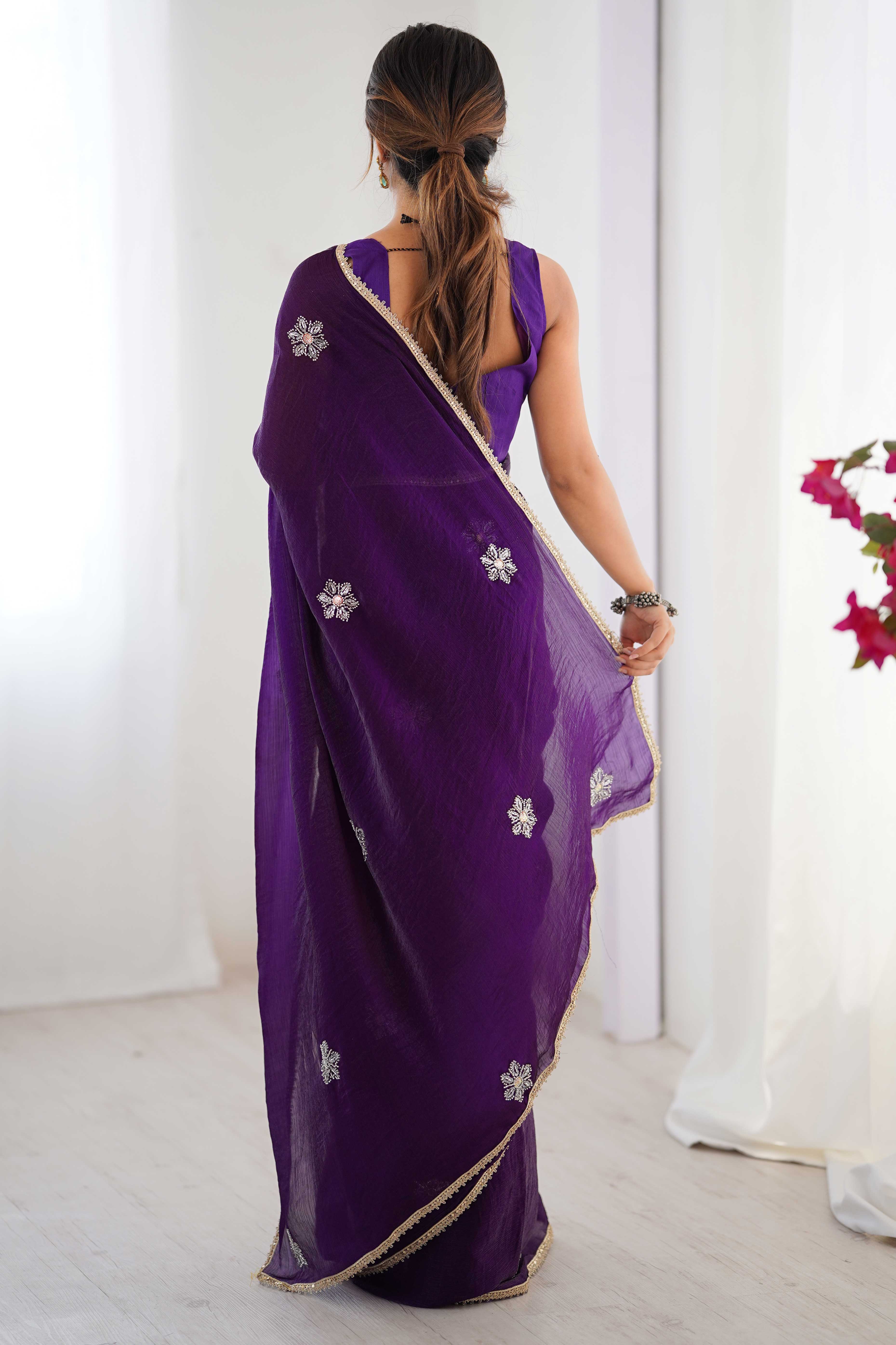 Deep Purple Organza Saree Embellished with Intricate Floral Work and Elegant Lace Detailing