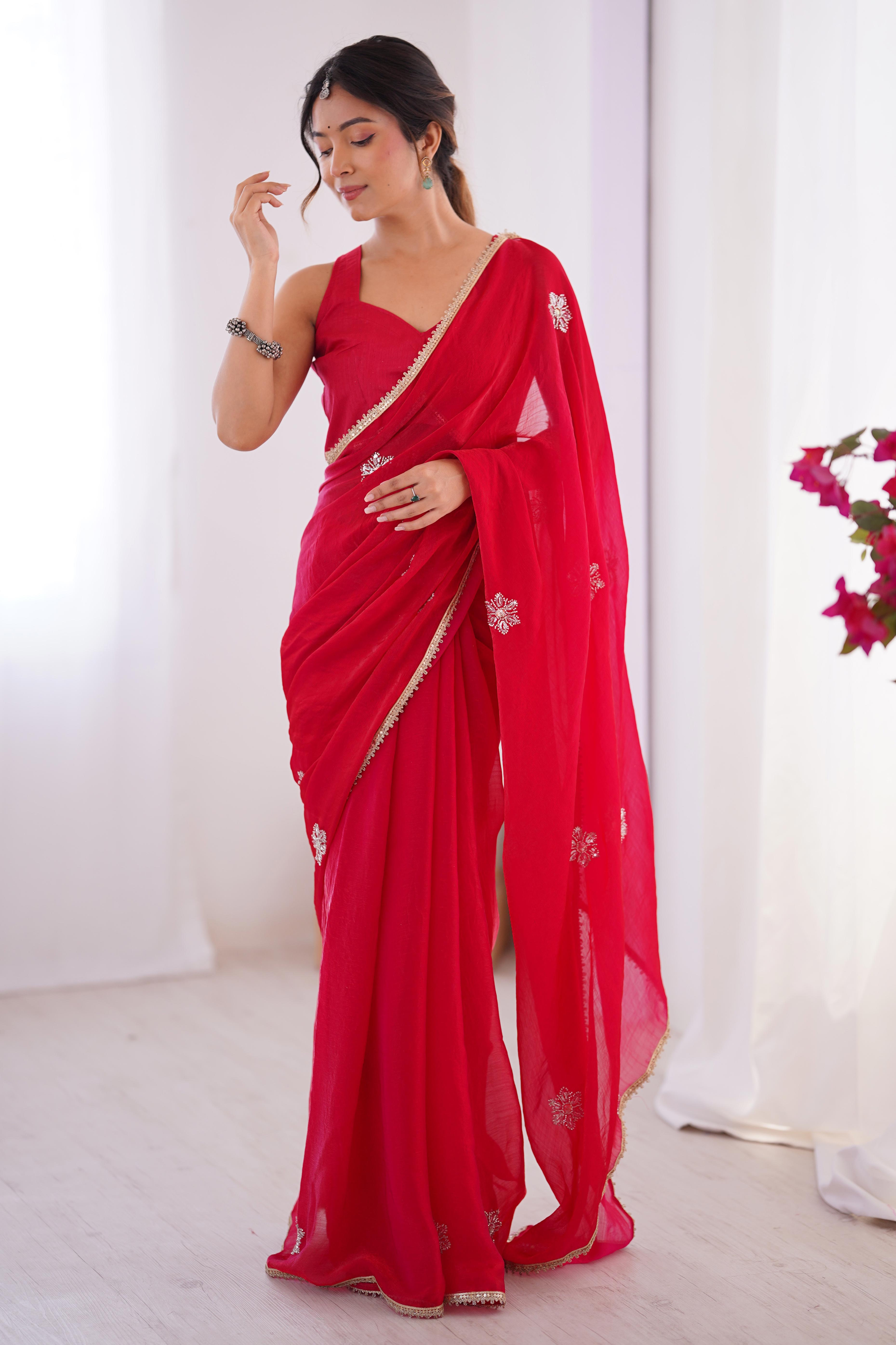 Red Organza Saree Embellished with Intricate Floral Work and Elegant Lace Detailing