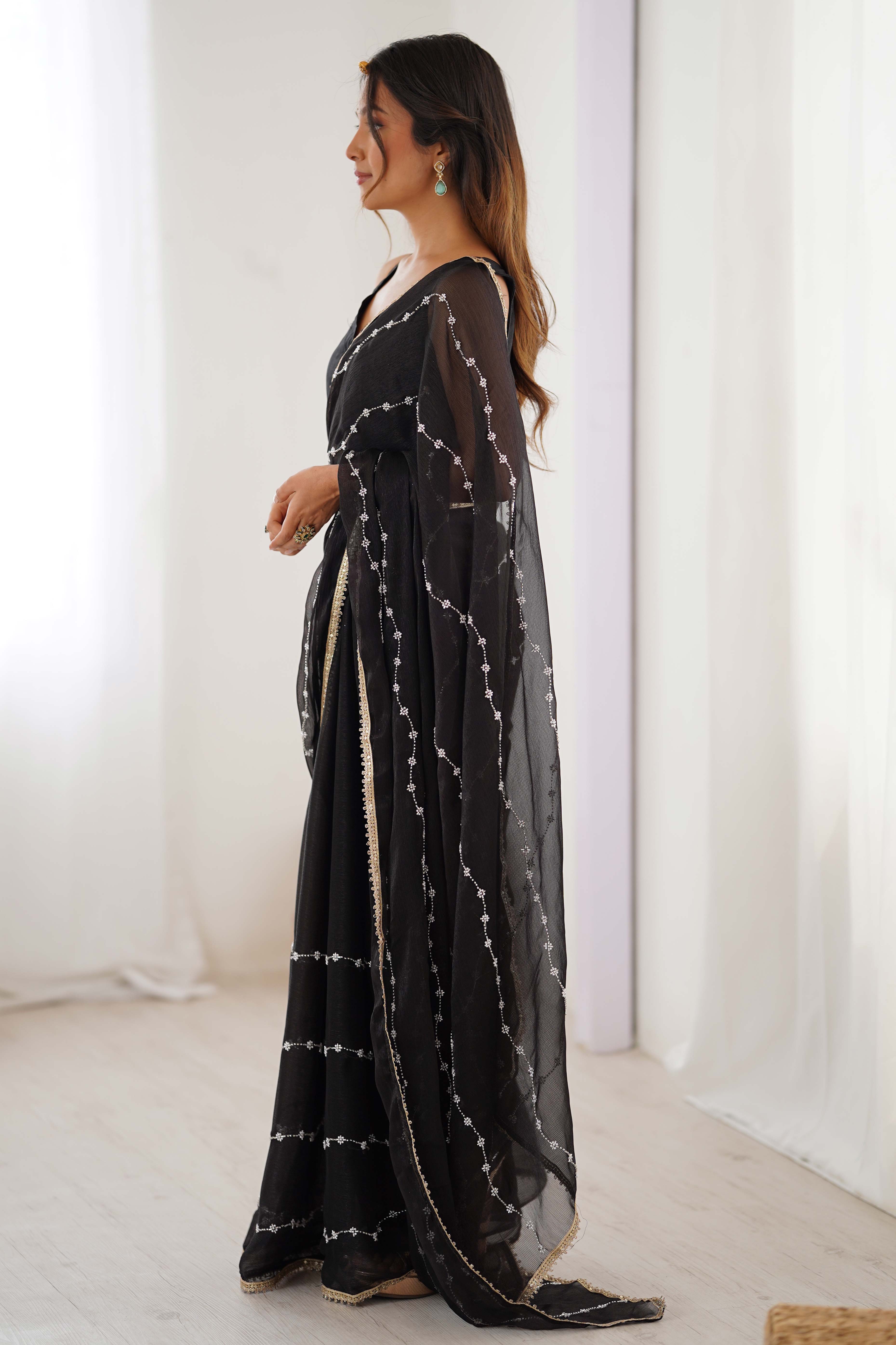 Black Embellished Organza Saree With Delicate Linear Beads & Stones detailing