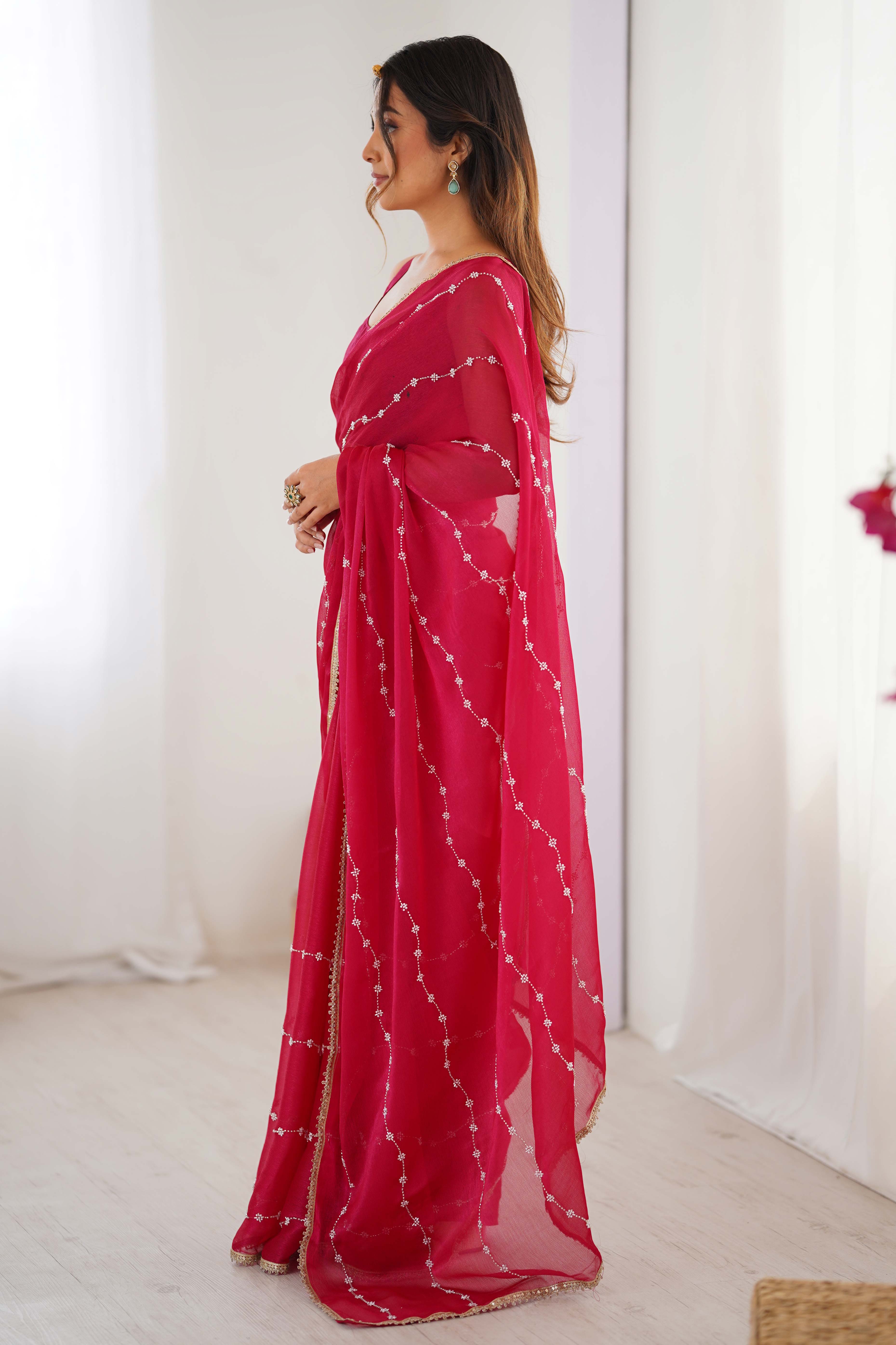 Pink Embellished Organza Saree With Delicate Linear Beads & Stones detailing