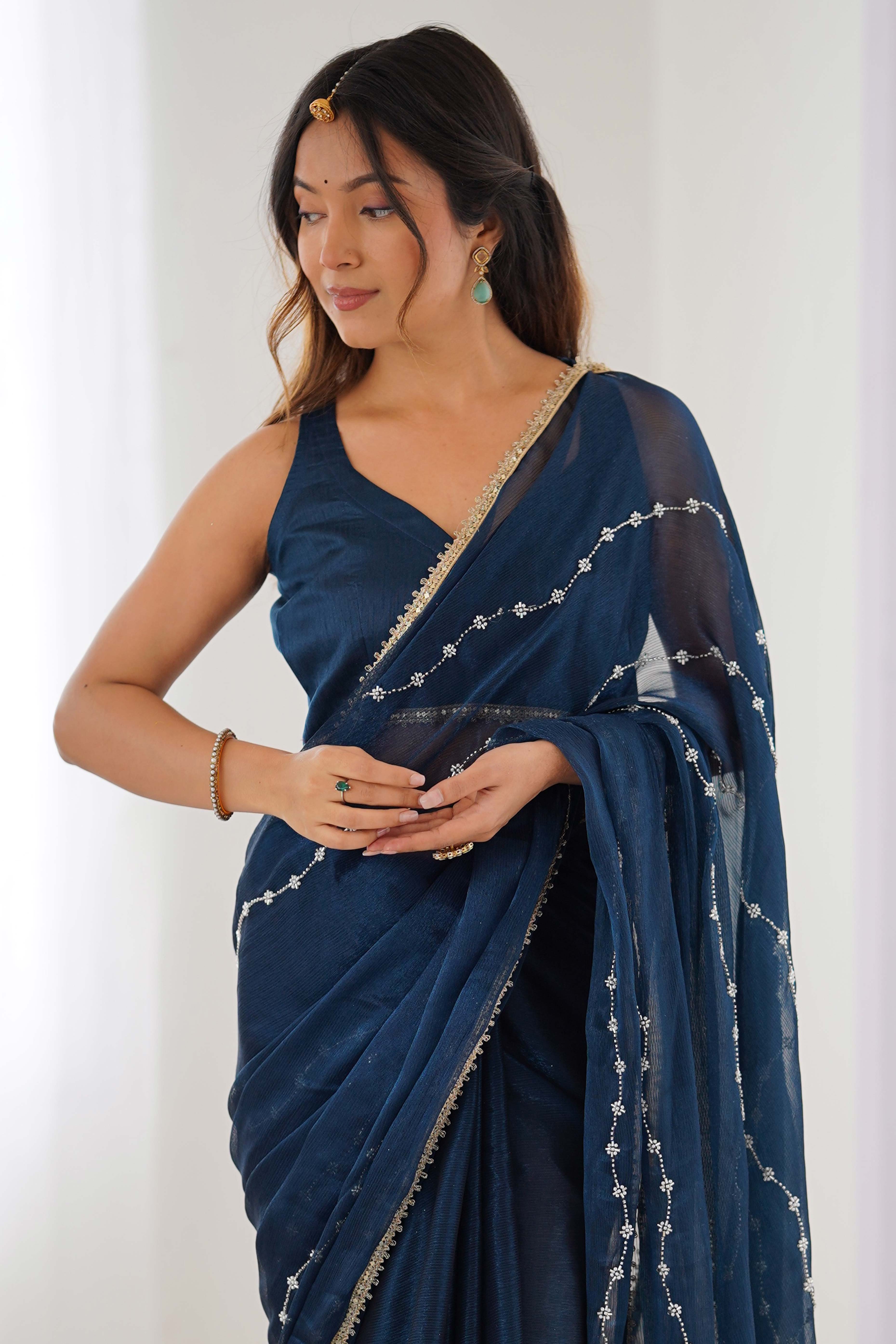 Blue Embellished Organza Saree With Delicate Linear Beads & Stones detailing