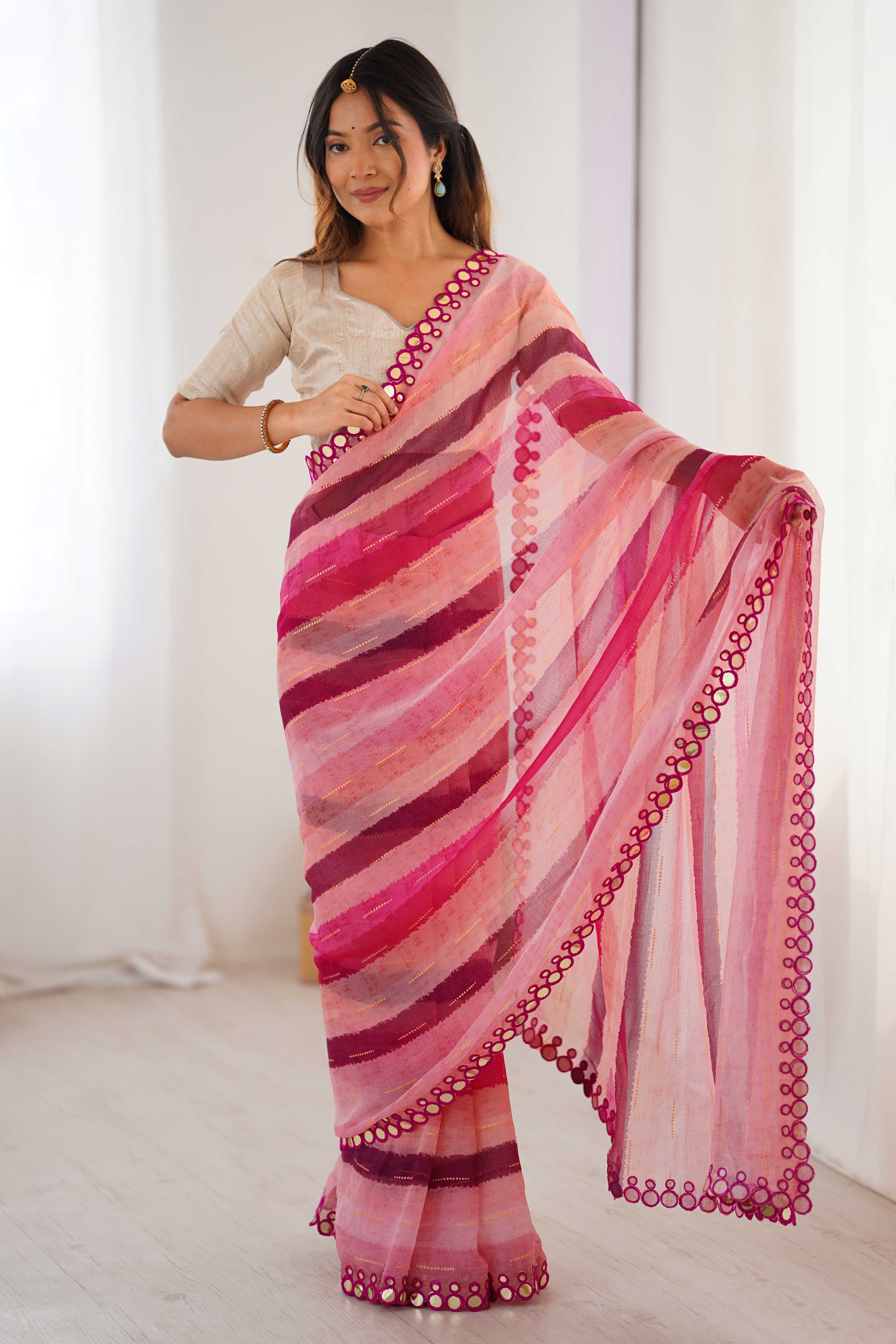 Soft Chiffon Pink Saree Featuring Classic Leheriya and Mirror Work Edges