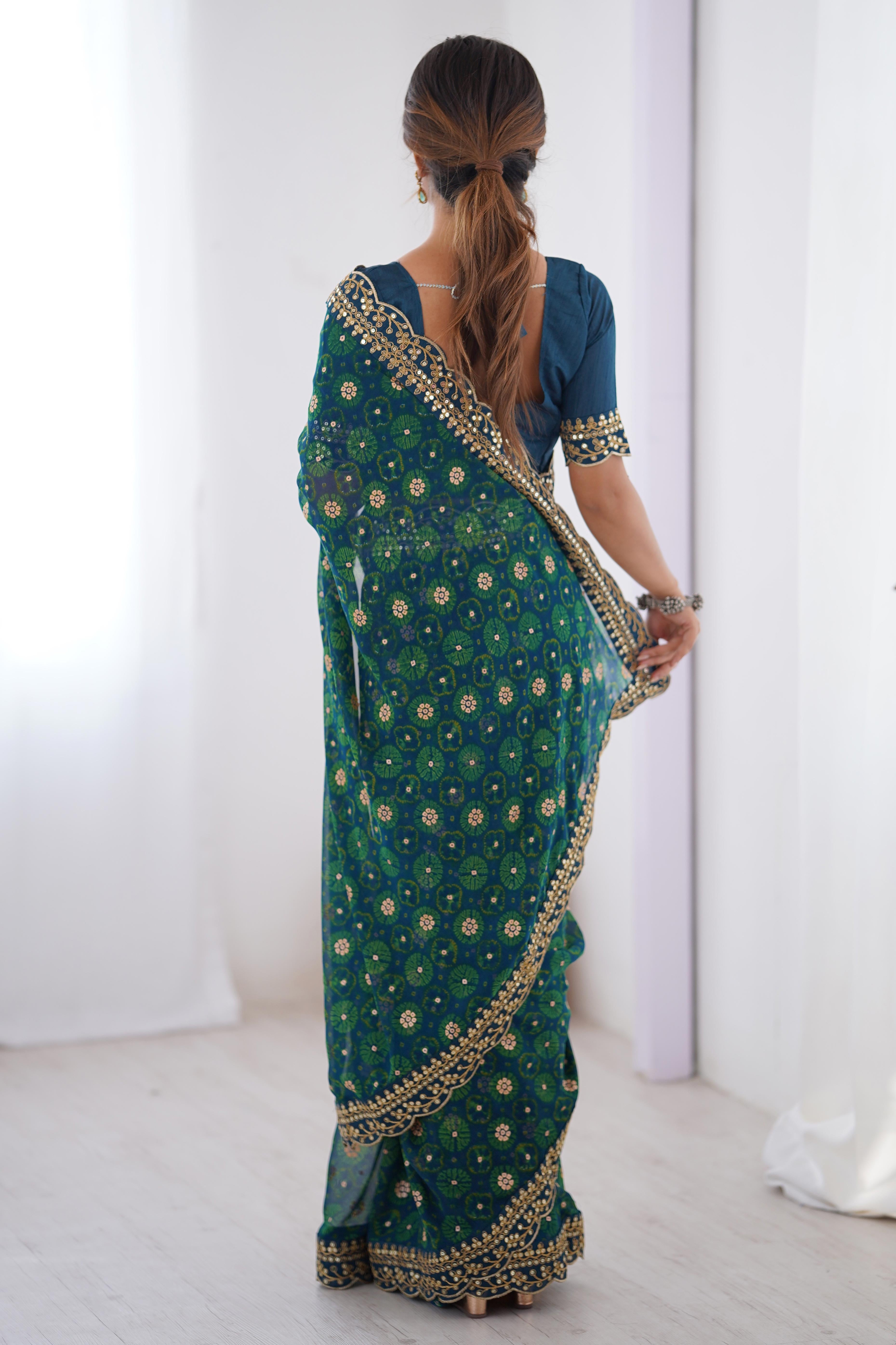Soft Georgette Blue Saree with Playful Print and Delicate Sequin Lace Work