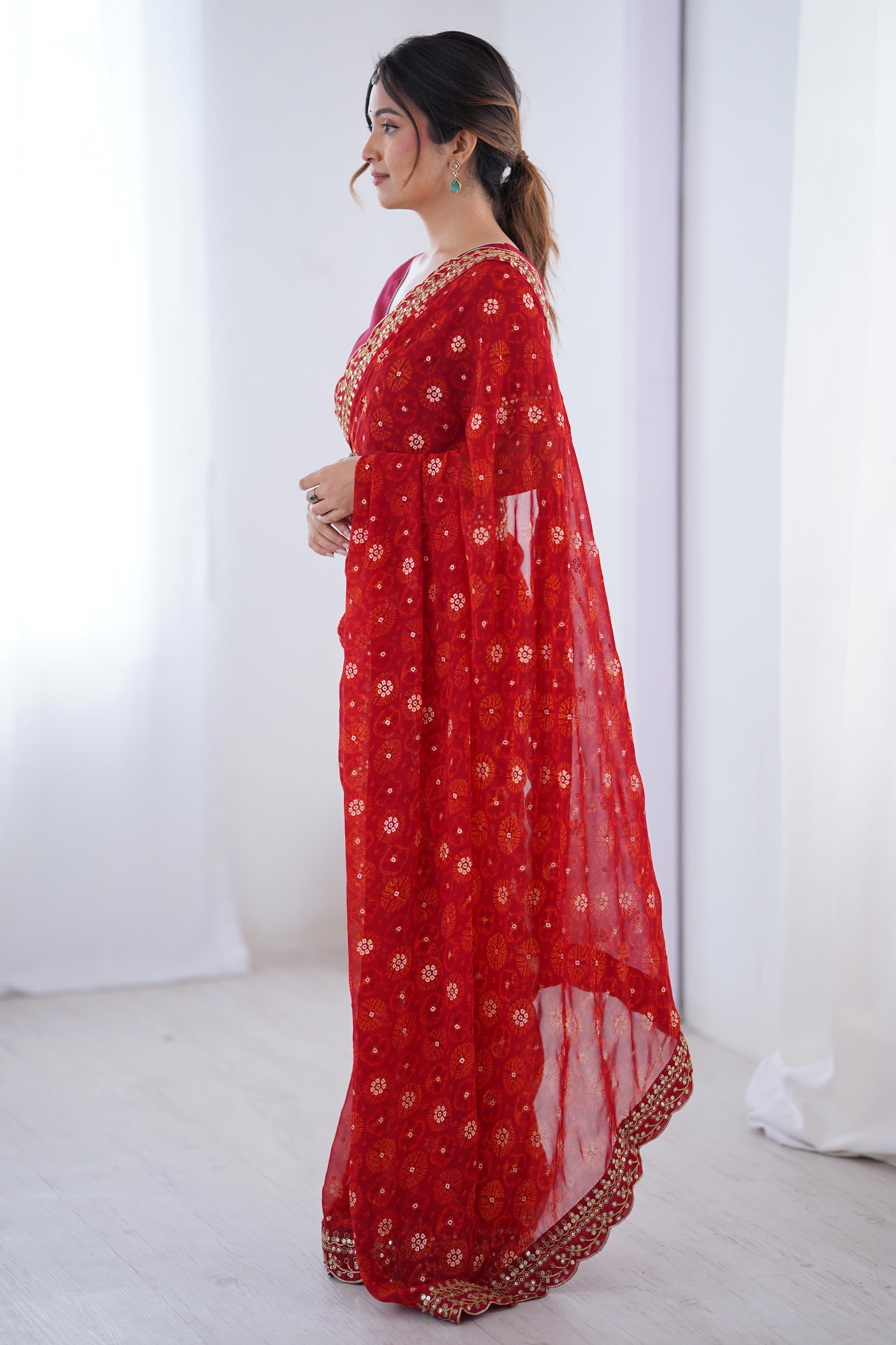 Soft Georgette Red Saree with Playful Print and Delicate Sequin Lace Work