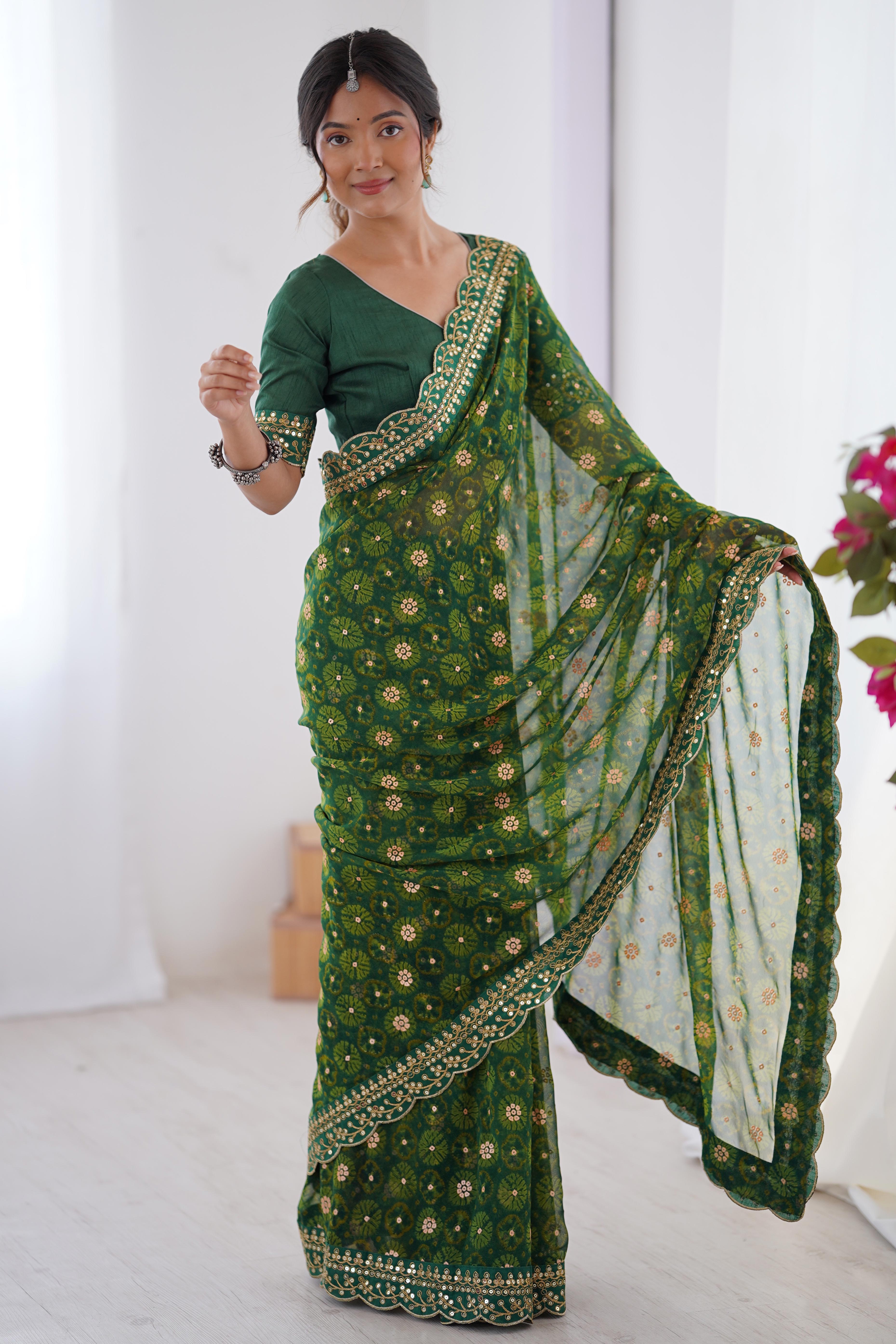 Soft Georgette Green Saree with Playful Print and Delicate Sequin Lace Work