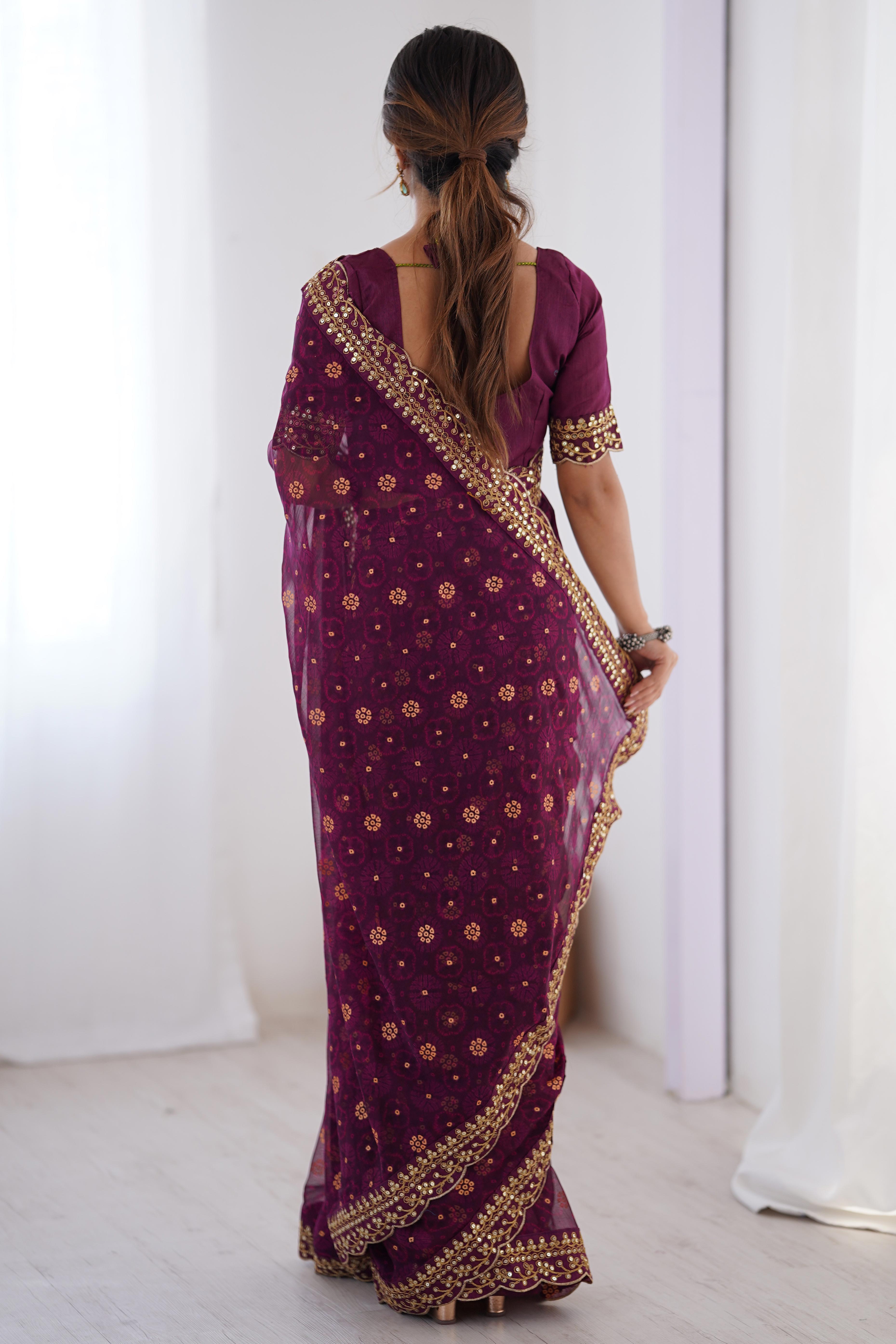 Soft Georgette Wine Saree with Playful Print and Delicate Sequin Lace Work