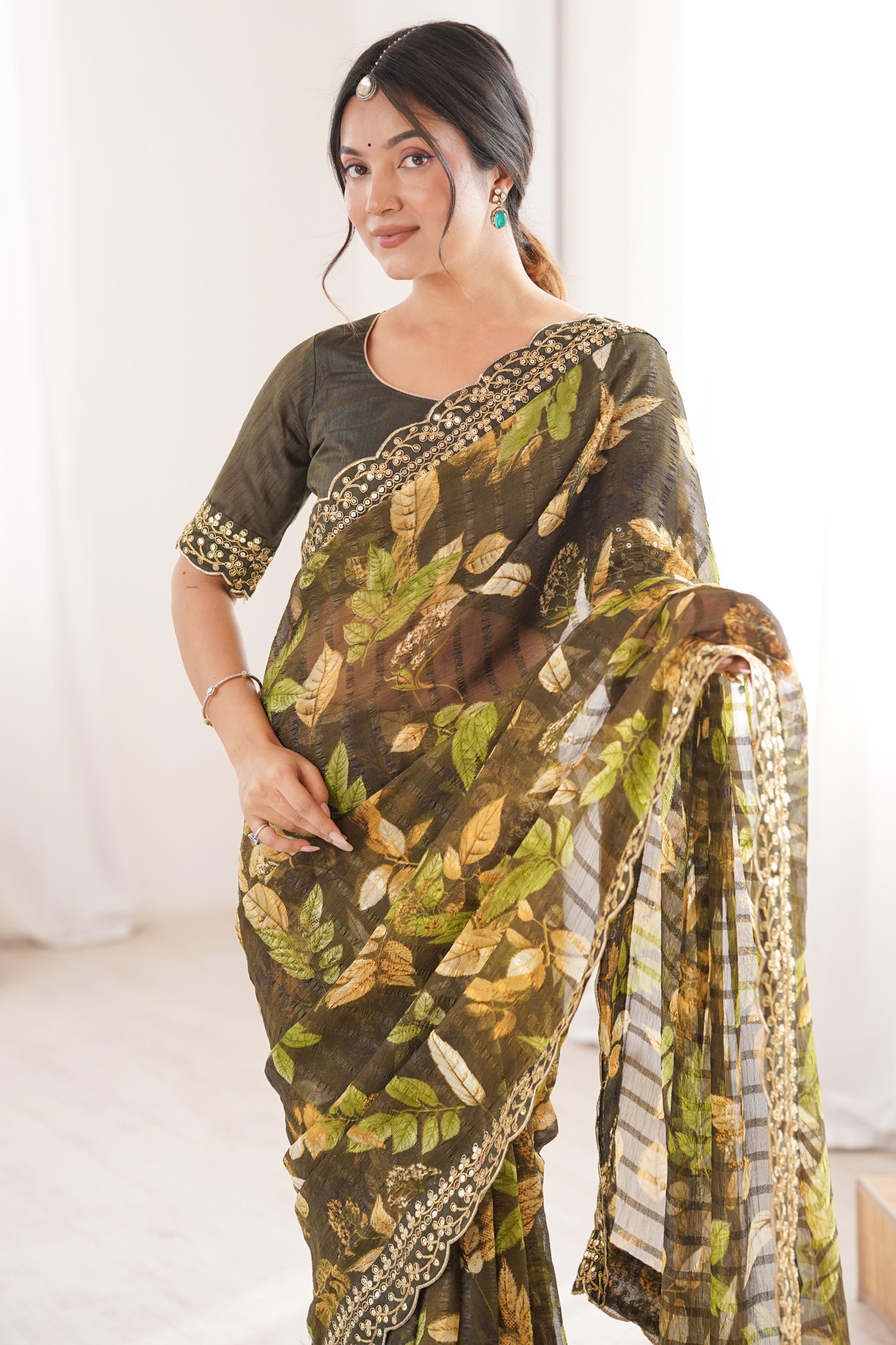 Elegant Green Leaf & Floral Print Georgette Saree With Intricate Cording Sequins Embroidery Border