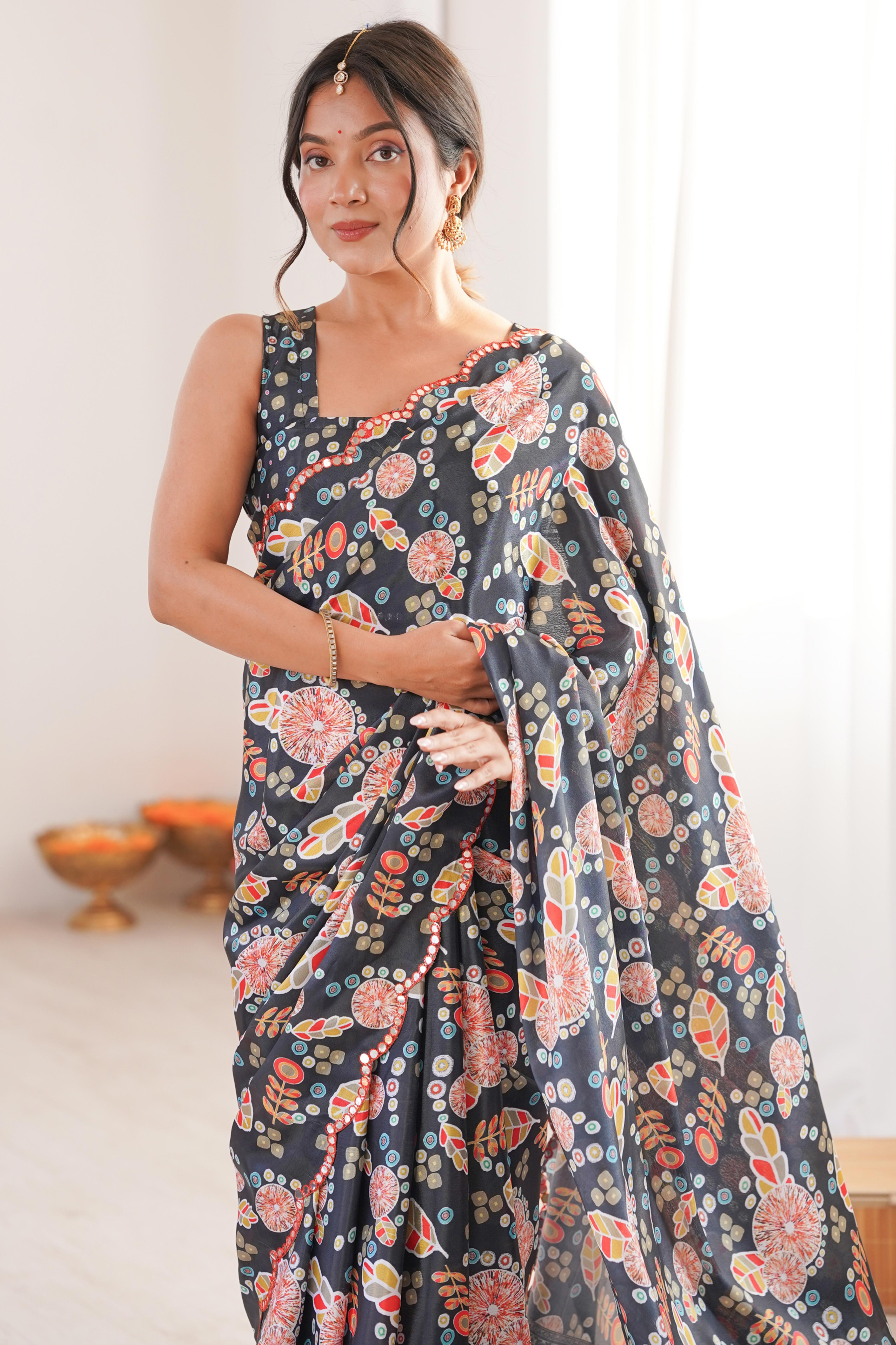 Chic Black Leaf & Floral Motif Digital Printed Chinon Saree With Delicate Embroidered Border