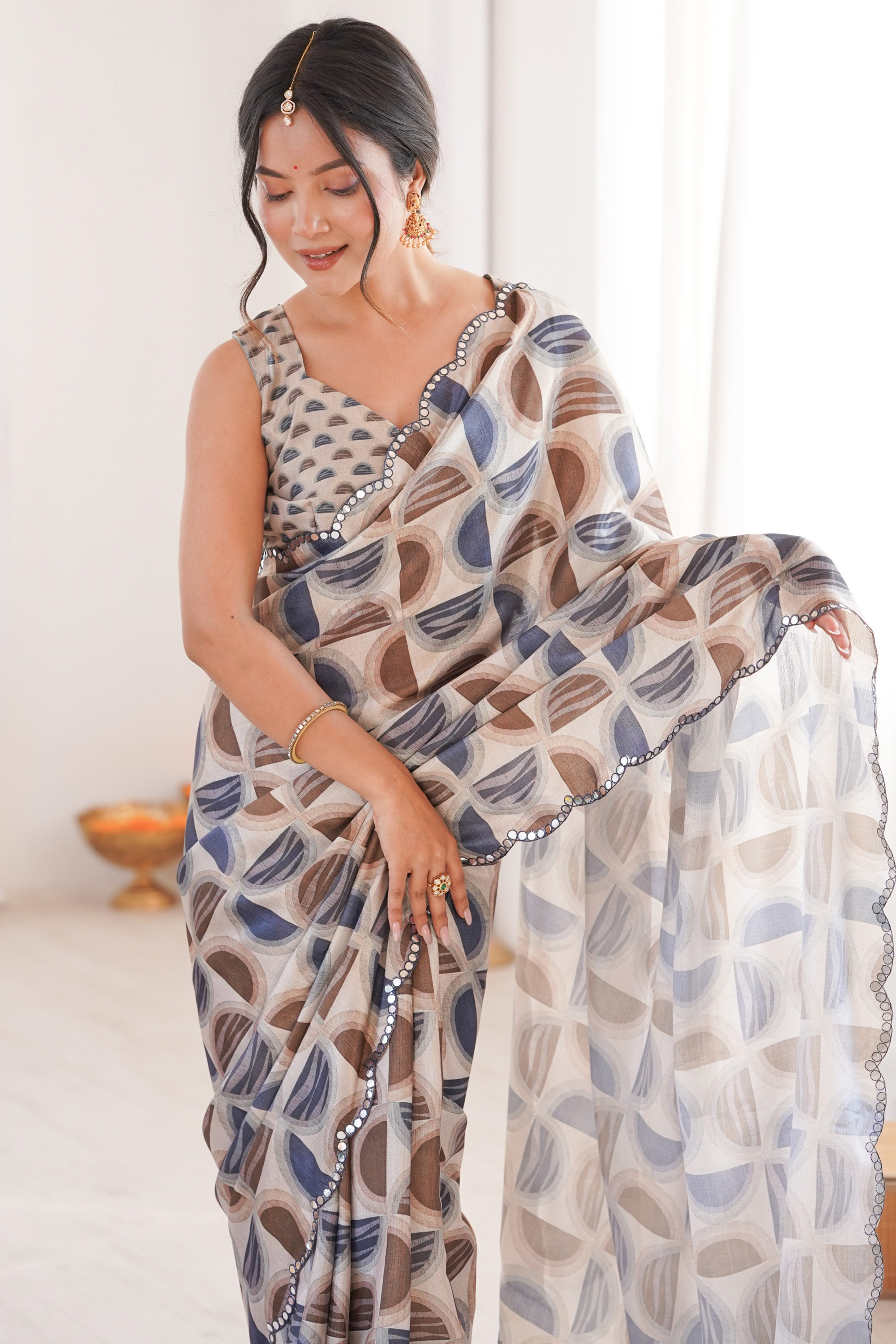 Timeless Multicolor Geometric Digital Printed Chinon Saree With Refined Embroidered Border Accents