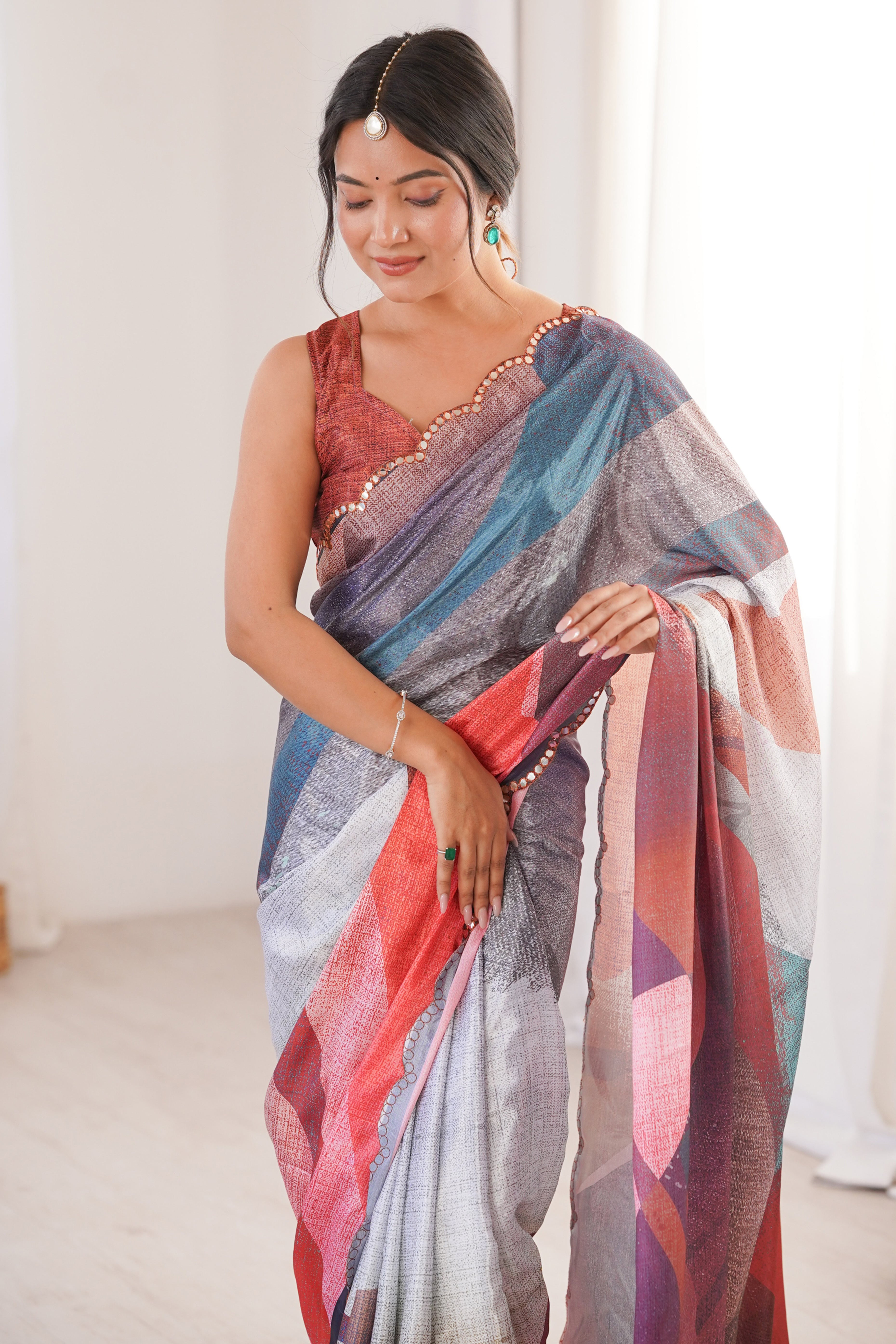 Vibrant Multicolor Digital Printed Chinon Saree Accented With Elegant Embroidered Border Work