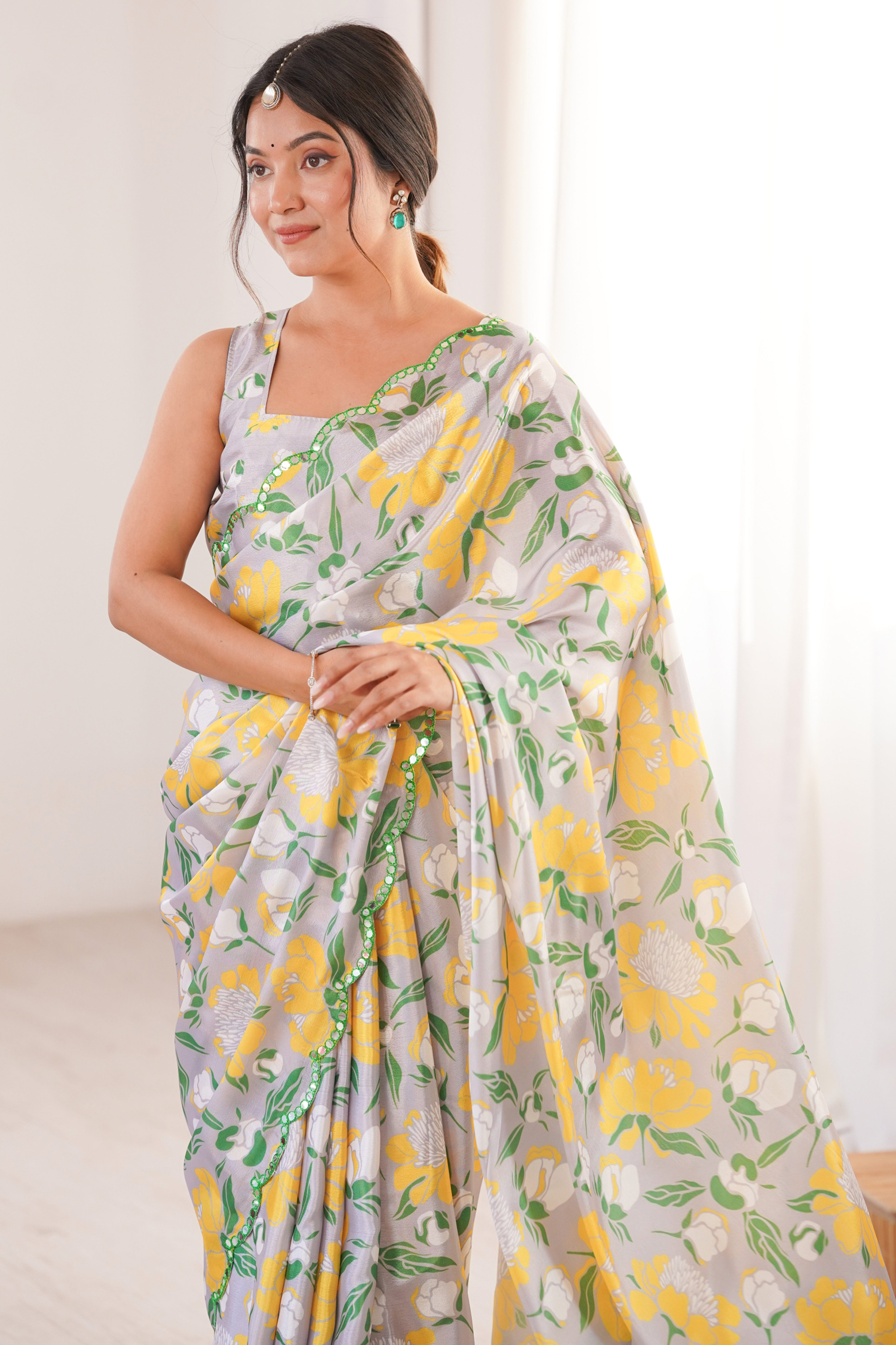 Luxury Grey Floral Digital Printed Chinon Saree Showcasing Elegant Embroidered Border Detailing