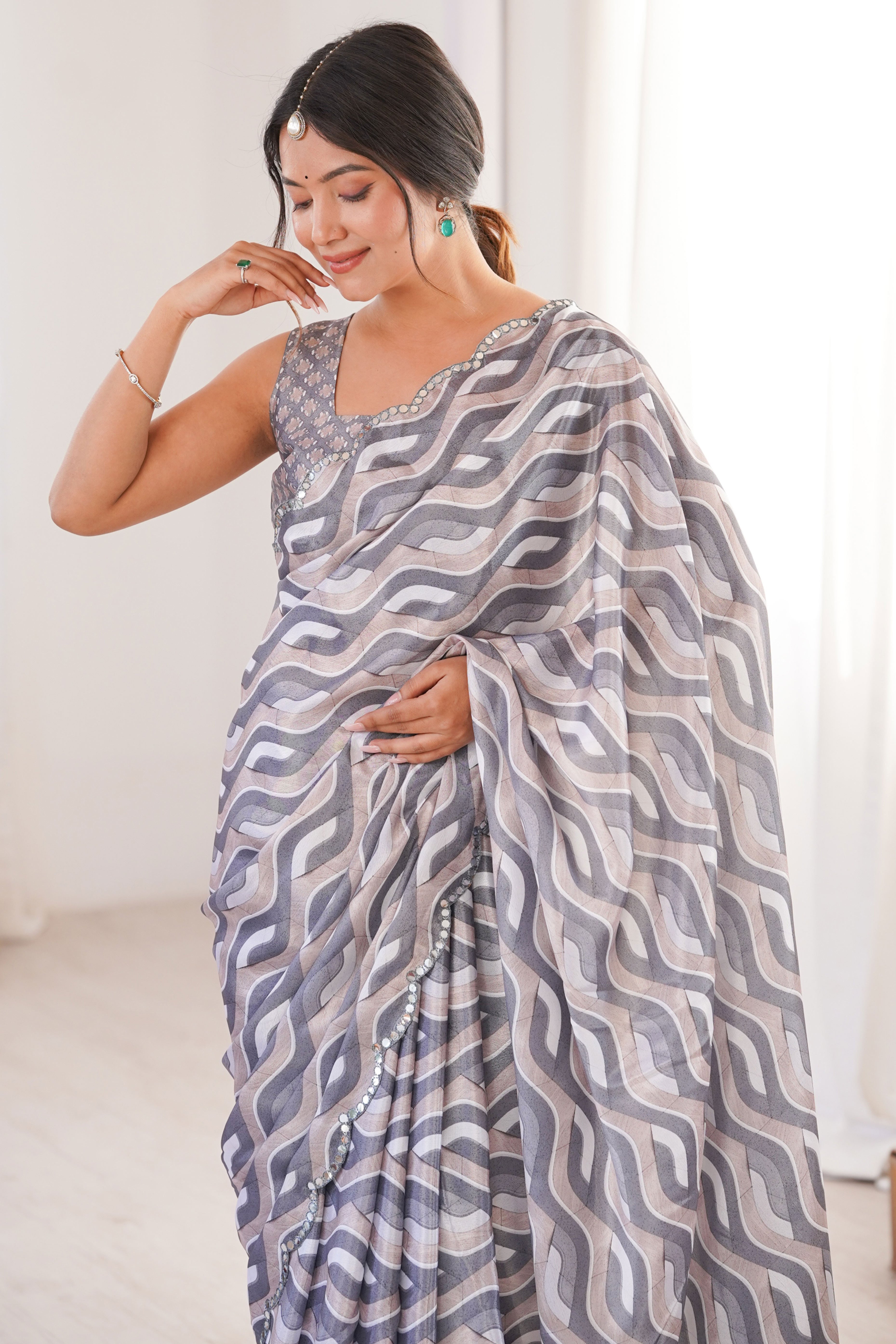 Elegant Grey Zig Zag Digital Printed Chinon Saree Accented With Intricate Embroidered Border