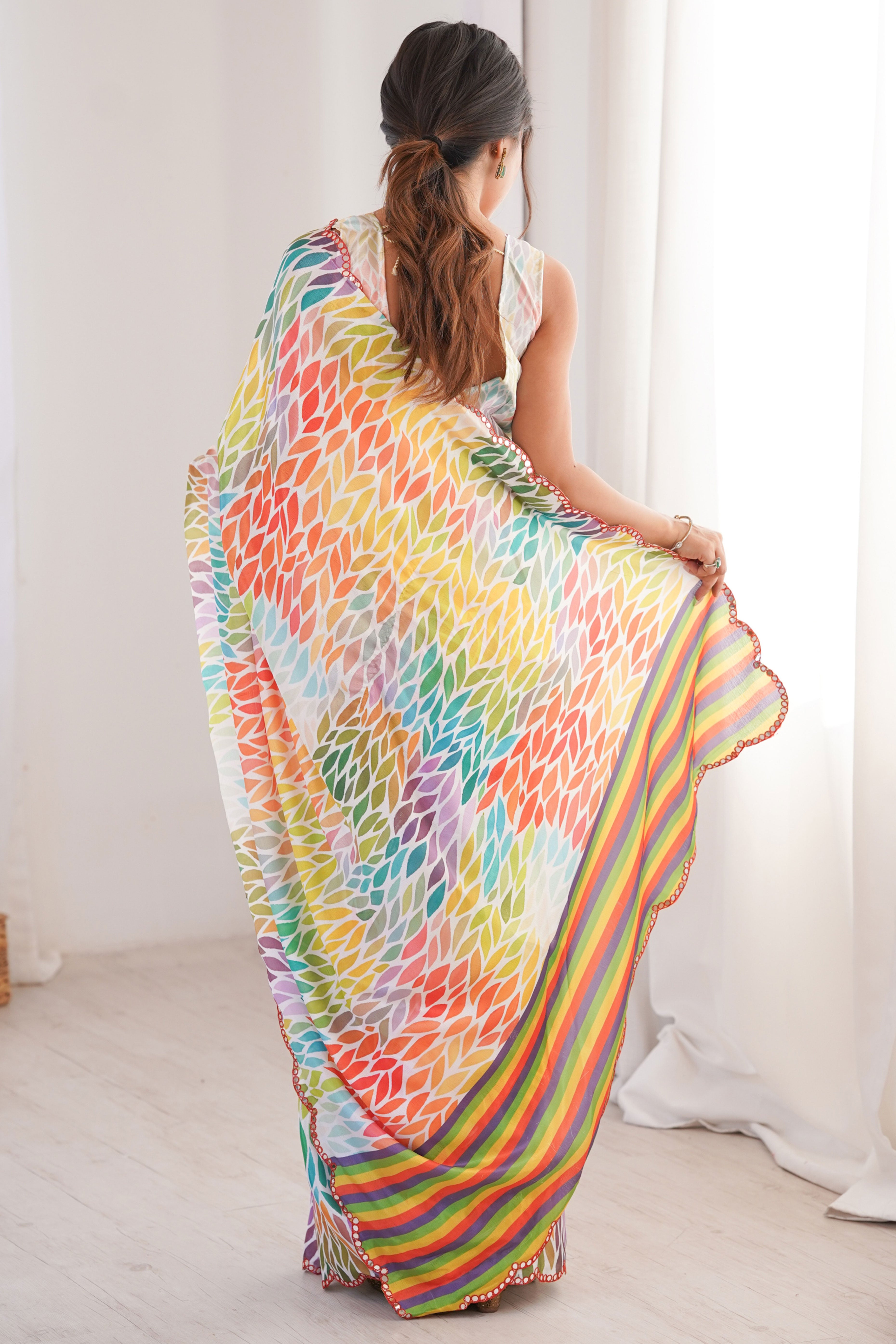 Timeless Multicolor Digital Printed Chinon Saree Enhanced With Fine Embroidered Border Accents