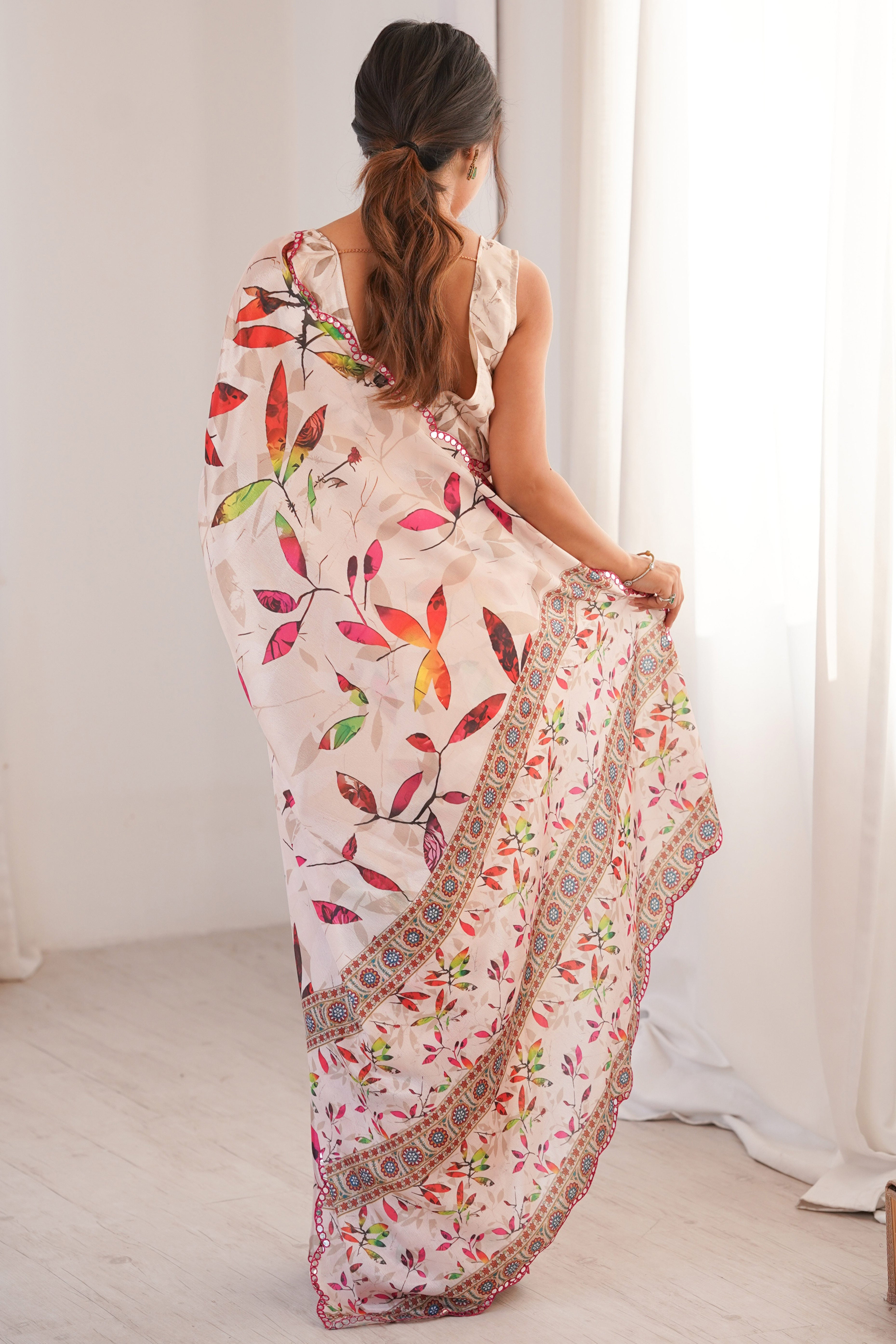 Elegant Offwhite Leaf & Floral Digital Printed Chinon Saree Accented With Embroidered Border