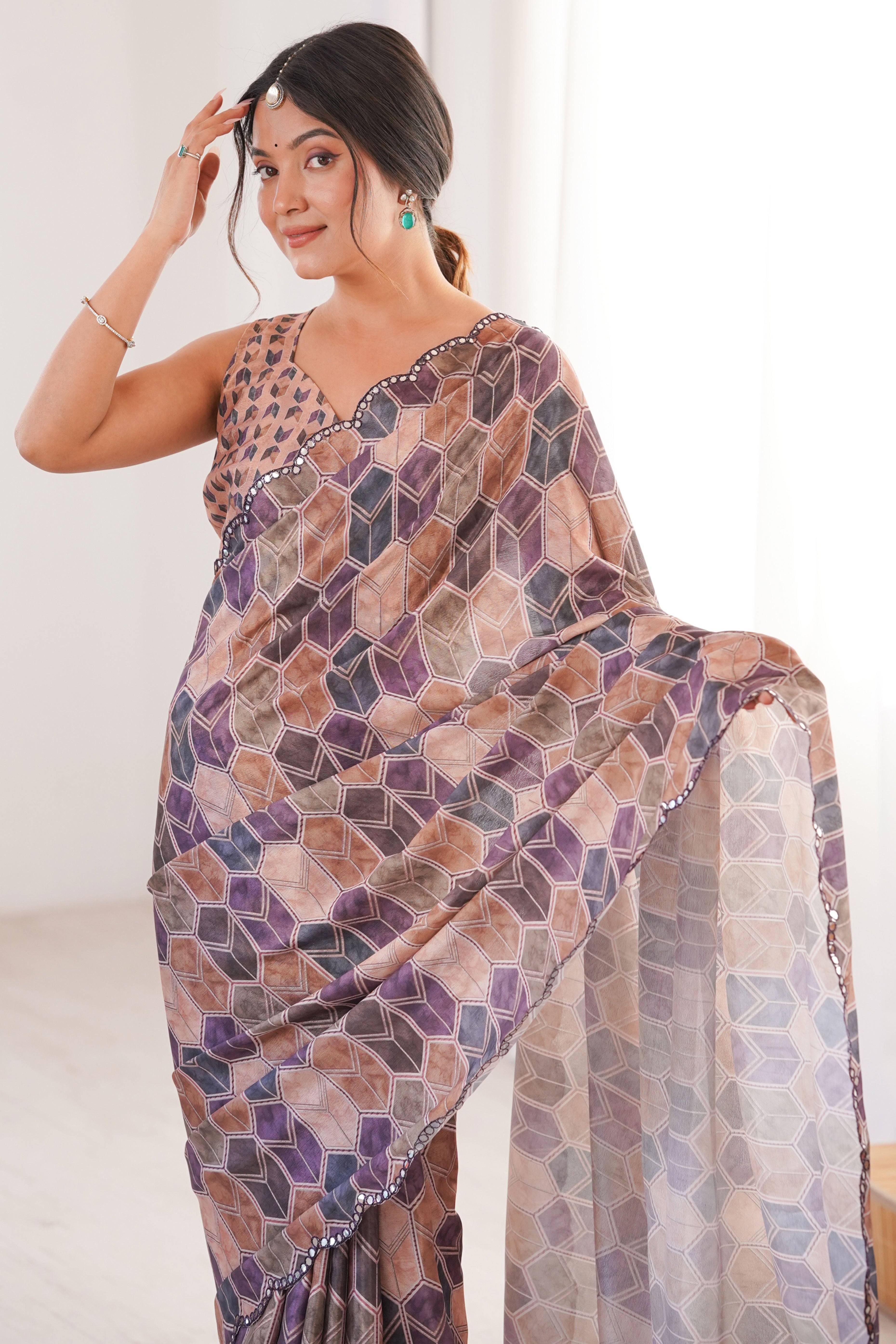 Vibrant Multicolor Geometric Digital Printed Chinon Saree Accented With Exquisite Embroidered Border