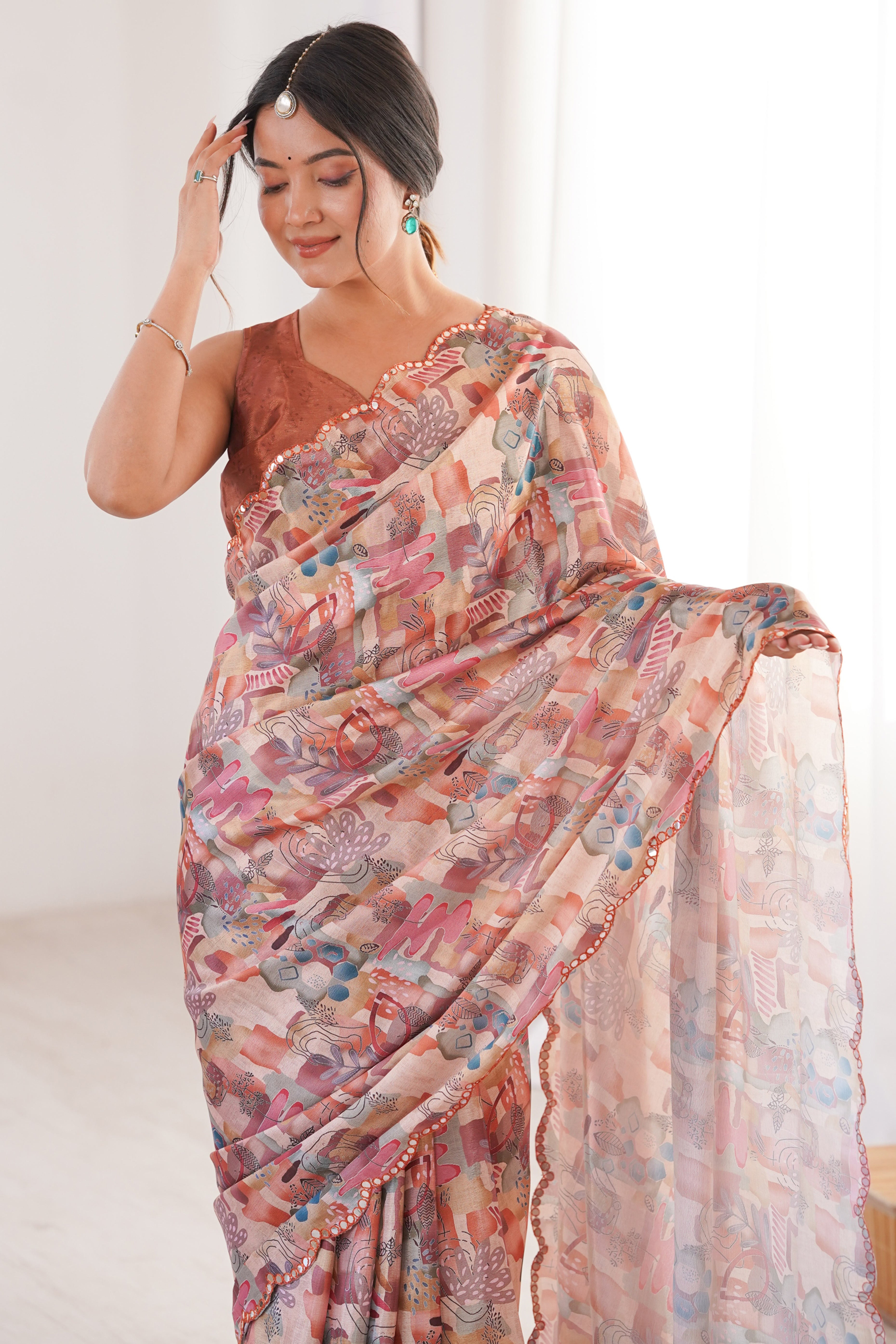Refined Peach Digital Printed Chinon Saree Showcasing Artistic Embroidered Border Detailing