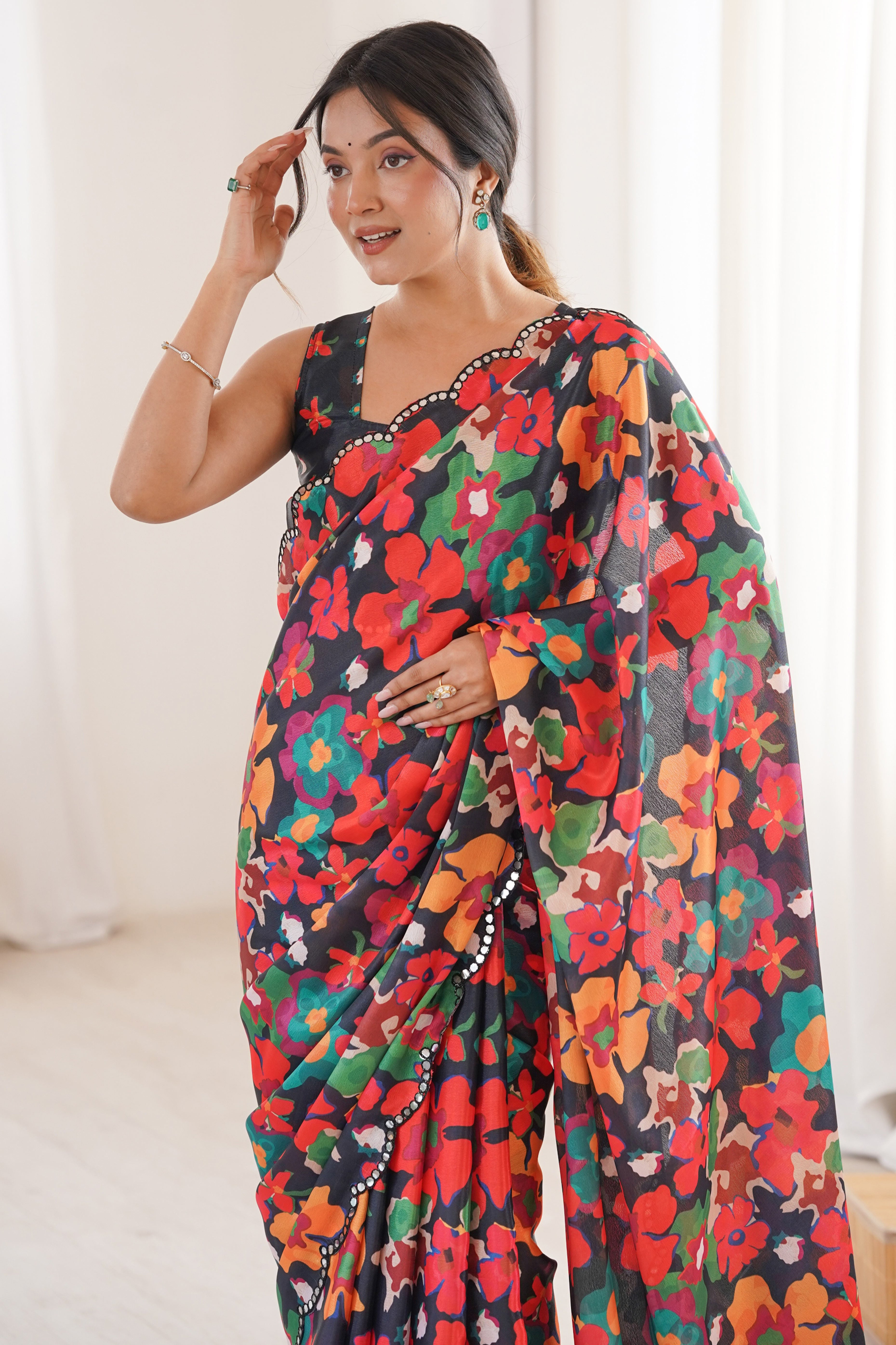 Contemporary Multicolor Floral Digital Printed Chinon Saree With Fine Embroidered Border