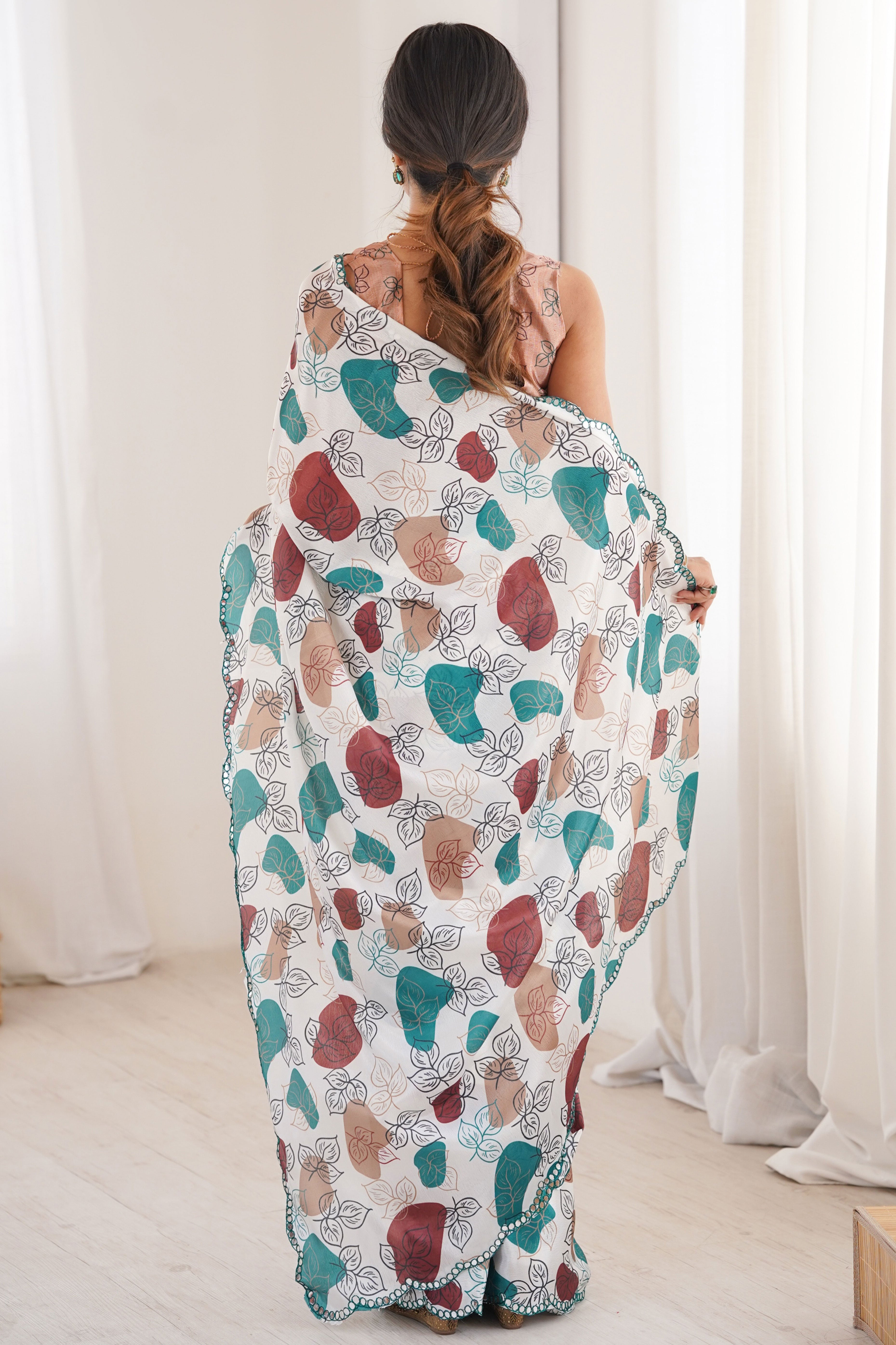 Ethereal White Leaf Digital Printed Chinon Saree Accented By Elegant Finished Embroidered Border