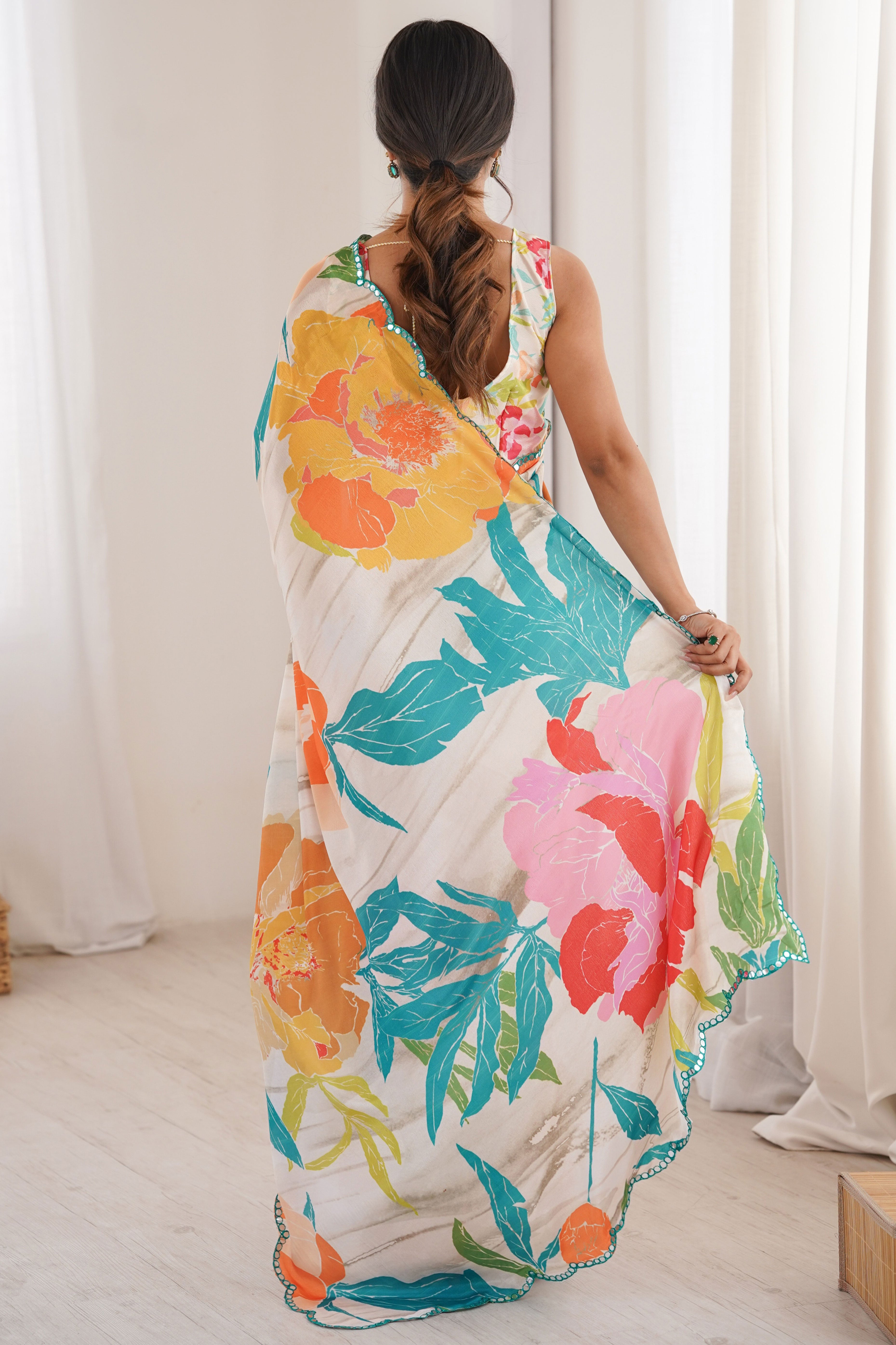 Chic Multicolor Floral Digital Printed Chinon Saree With Handcrafted Embroidered Border Elegance