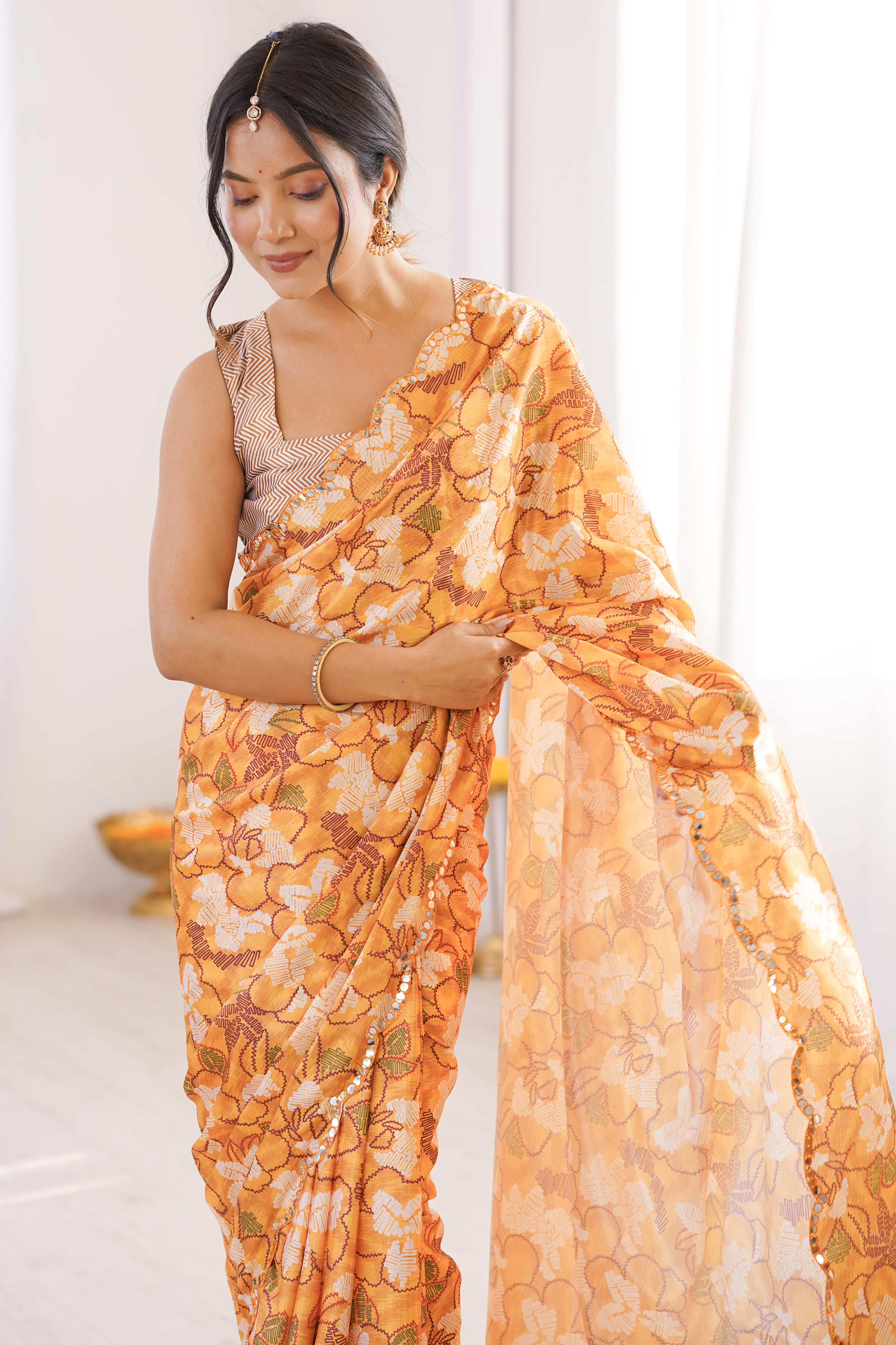 Refined Mustard Floral Digital Printed Chinon Saree Showcasing Artistic Embroidered Border