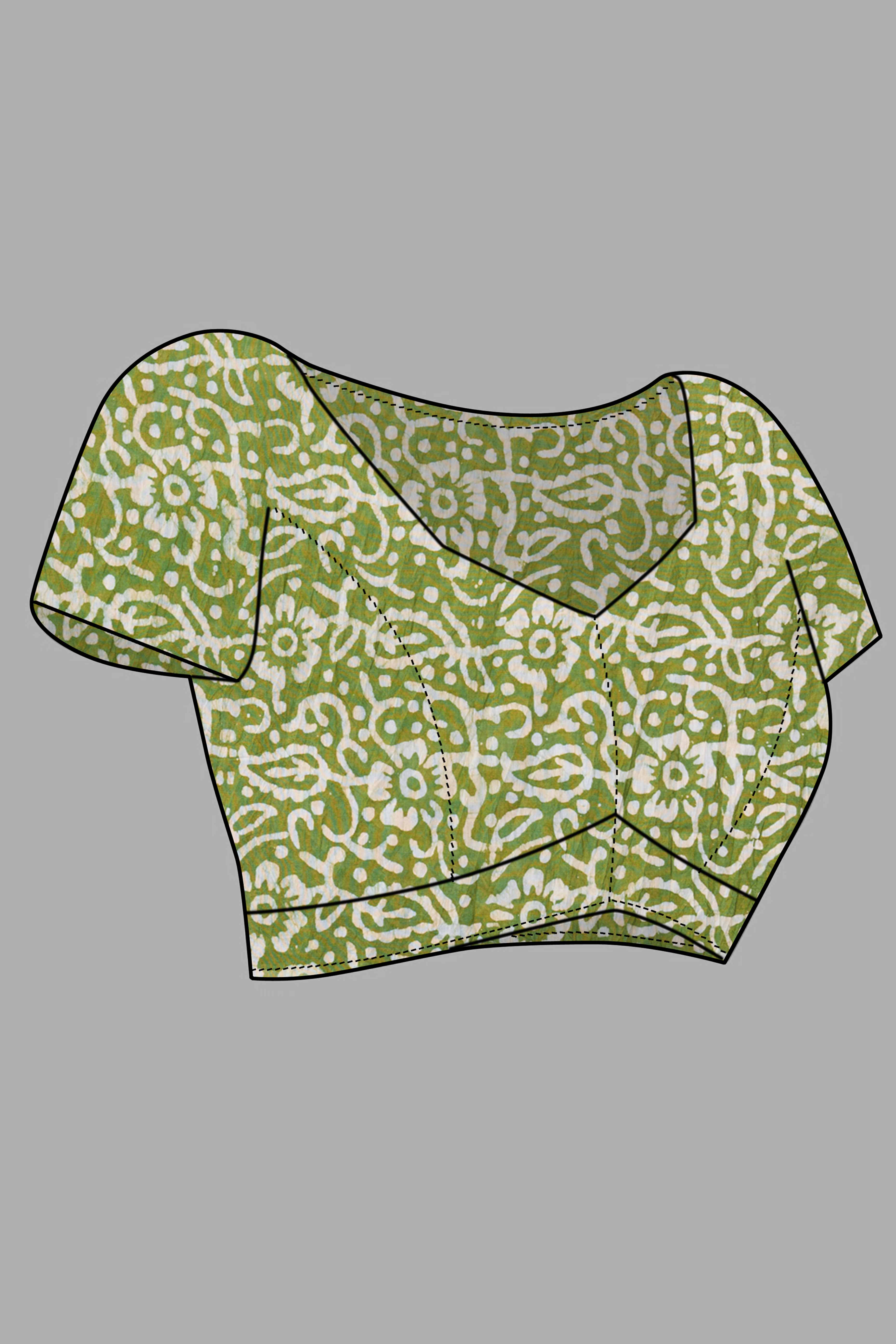 Parrot Green Batik Printed Chanderi Cotton Silk Saree