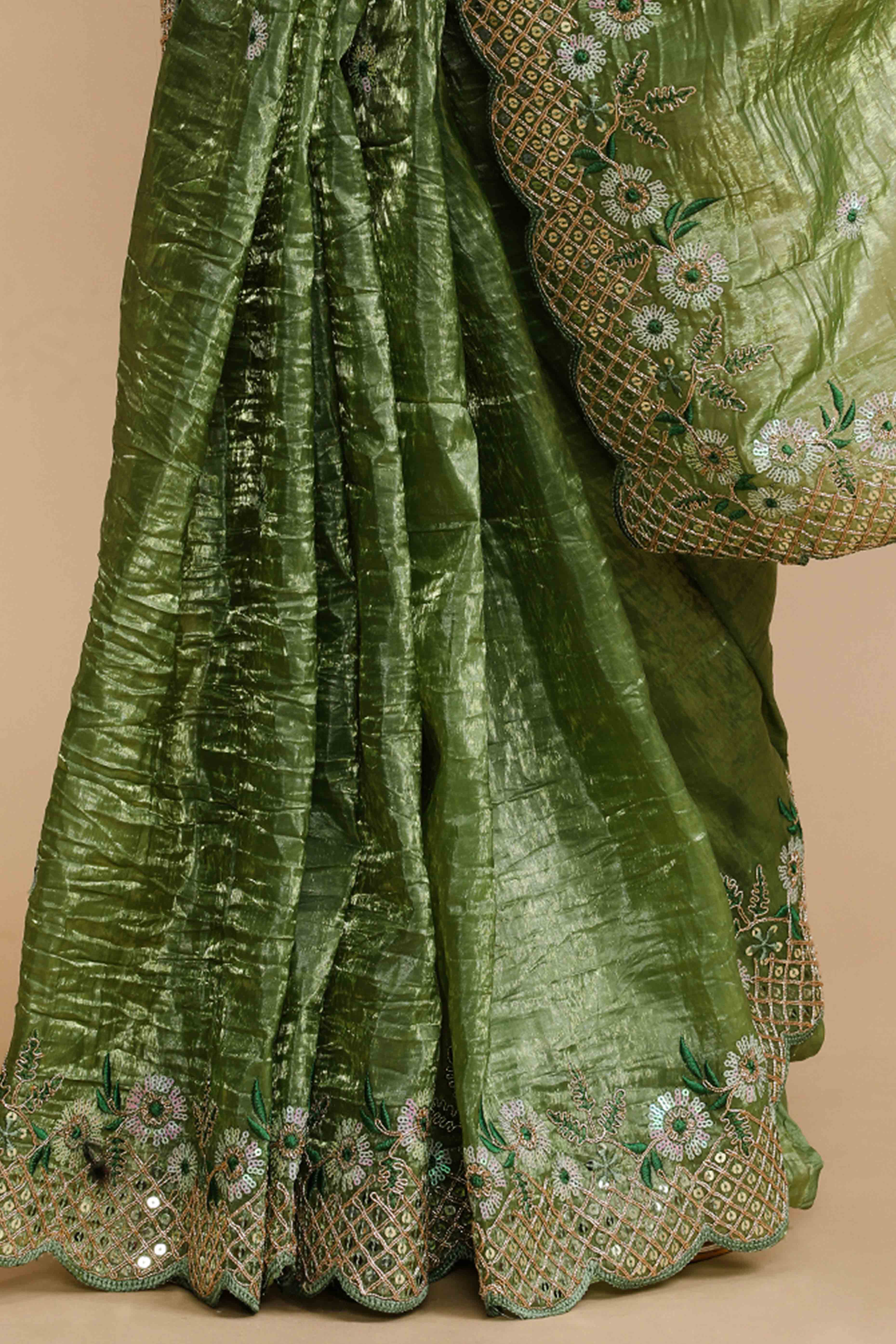 Forest Green Floral Design Art Silk Saree with Glittering Sequins Embroidery