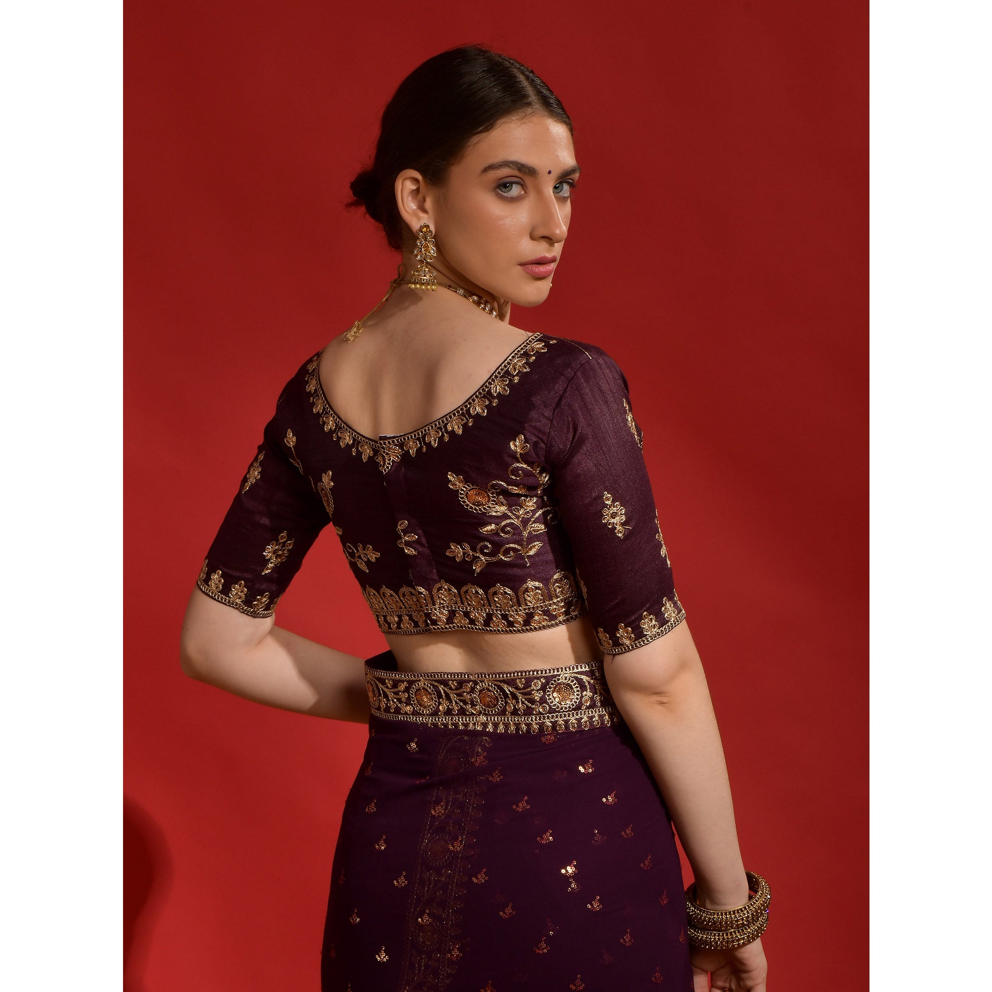 Wine Sequins Embroidered Georgette Saree