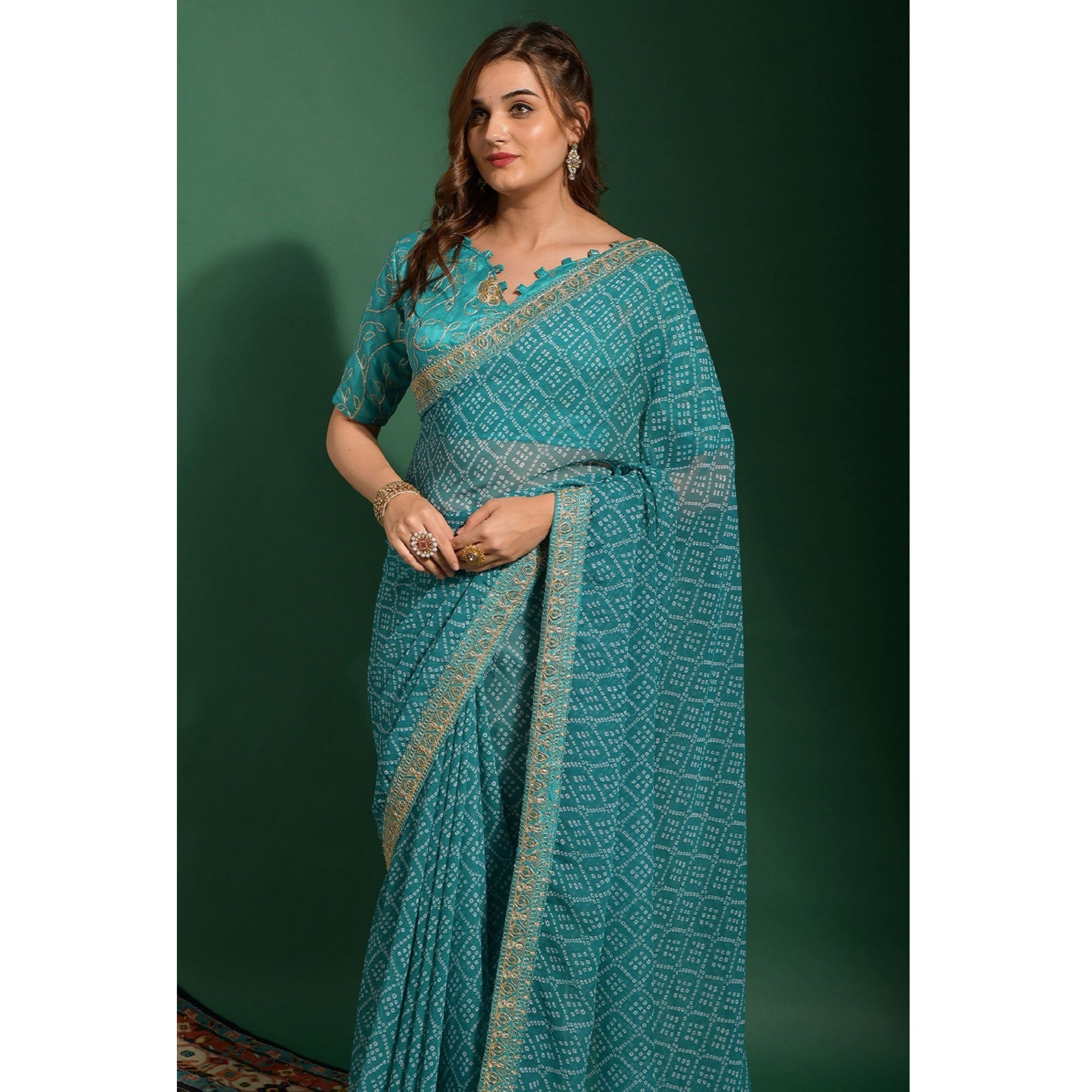 Rama Green Bandhani Printed Georgette Saree With Embroidered Border