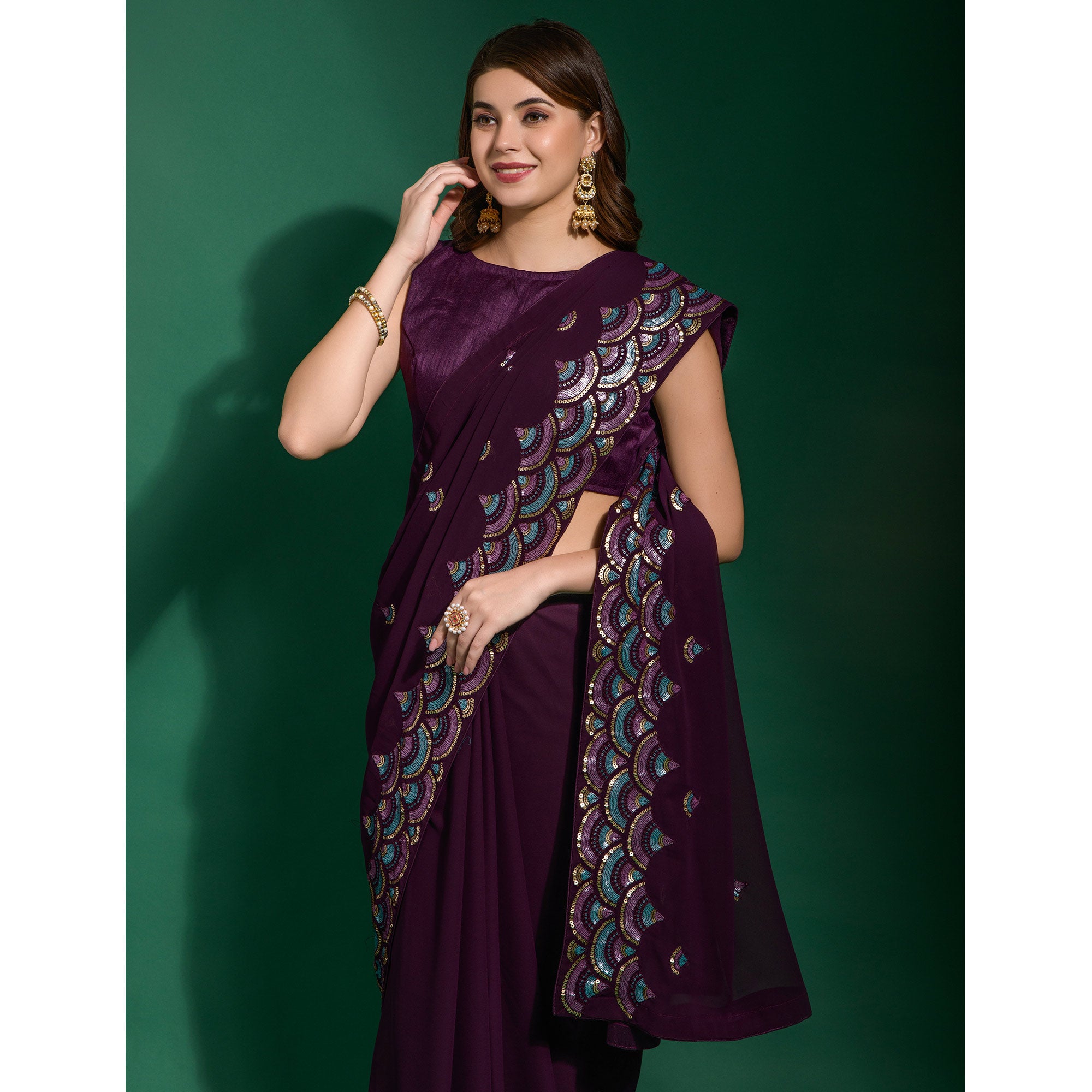 Wine Sequins Embroidered Georgette Saree