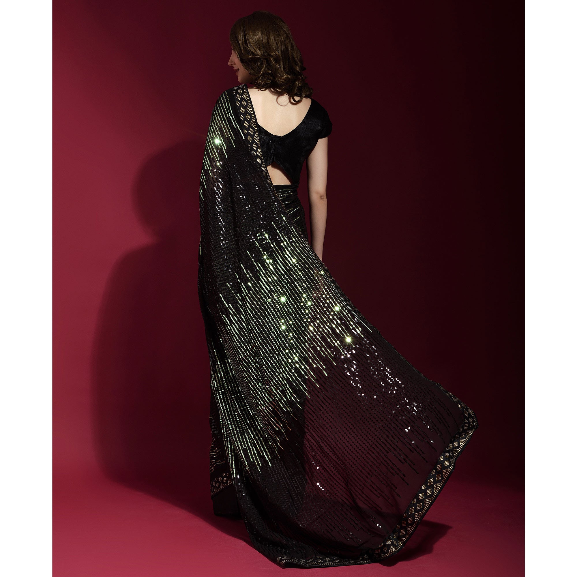 Black & Green Sequins Embroidered Georgette Saree