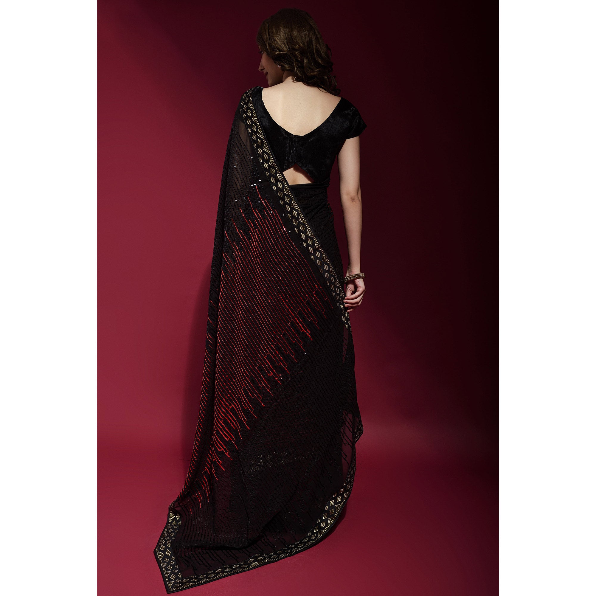 Black & Red Sequins Embroidered Georgette Saree