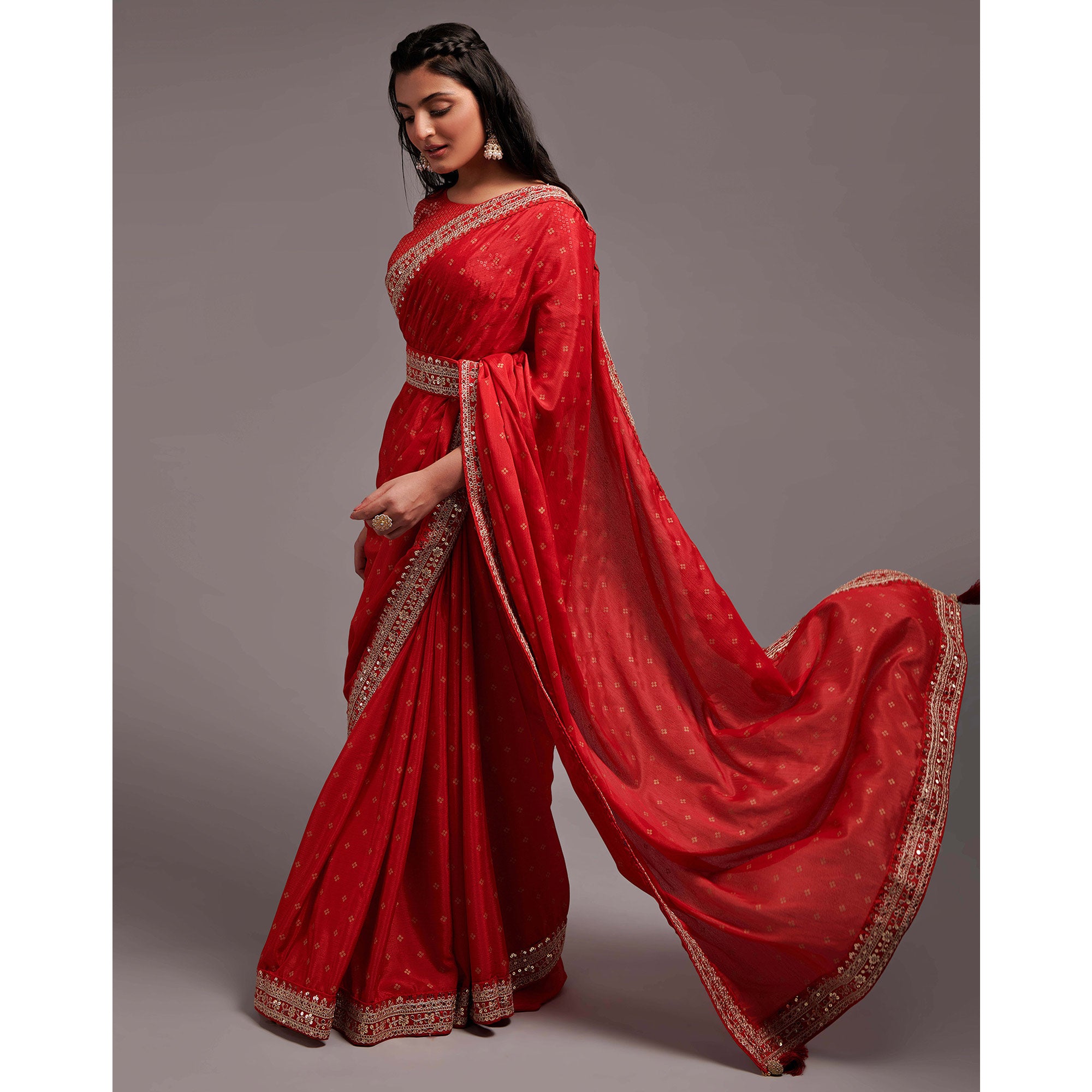 Red Sequins Embroidered Border Chinon Saree