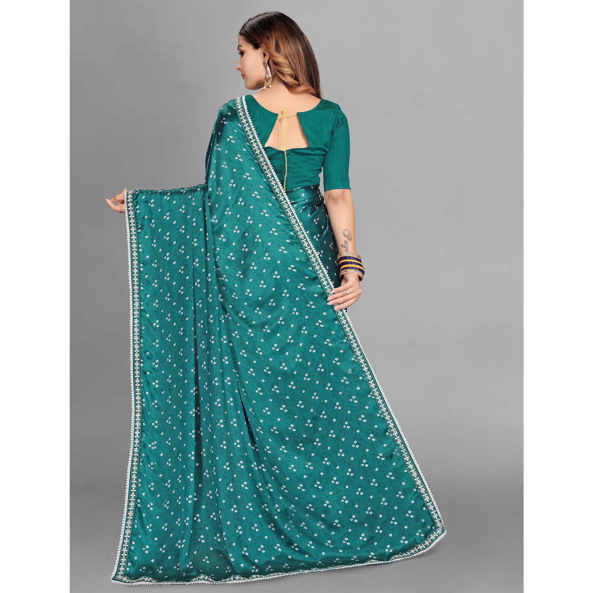 Rama Blue Bandhani Printed Satin Saree