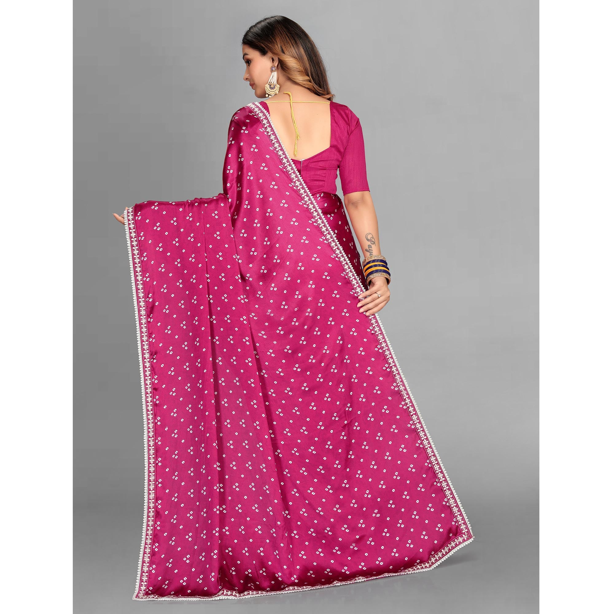 Pink Bandhani Printed Satin Saree