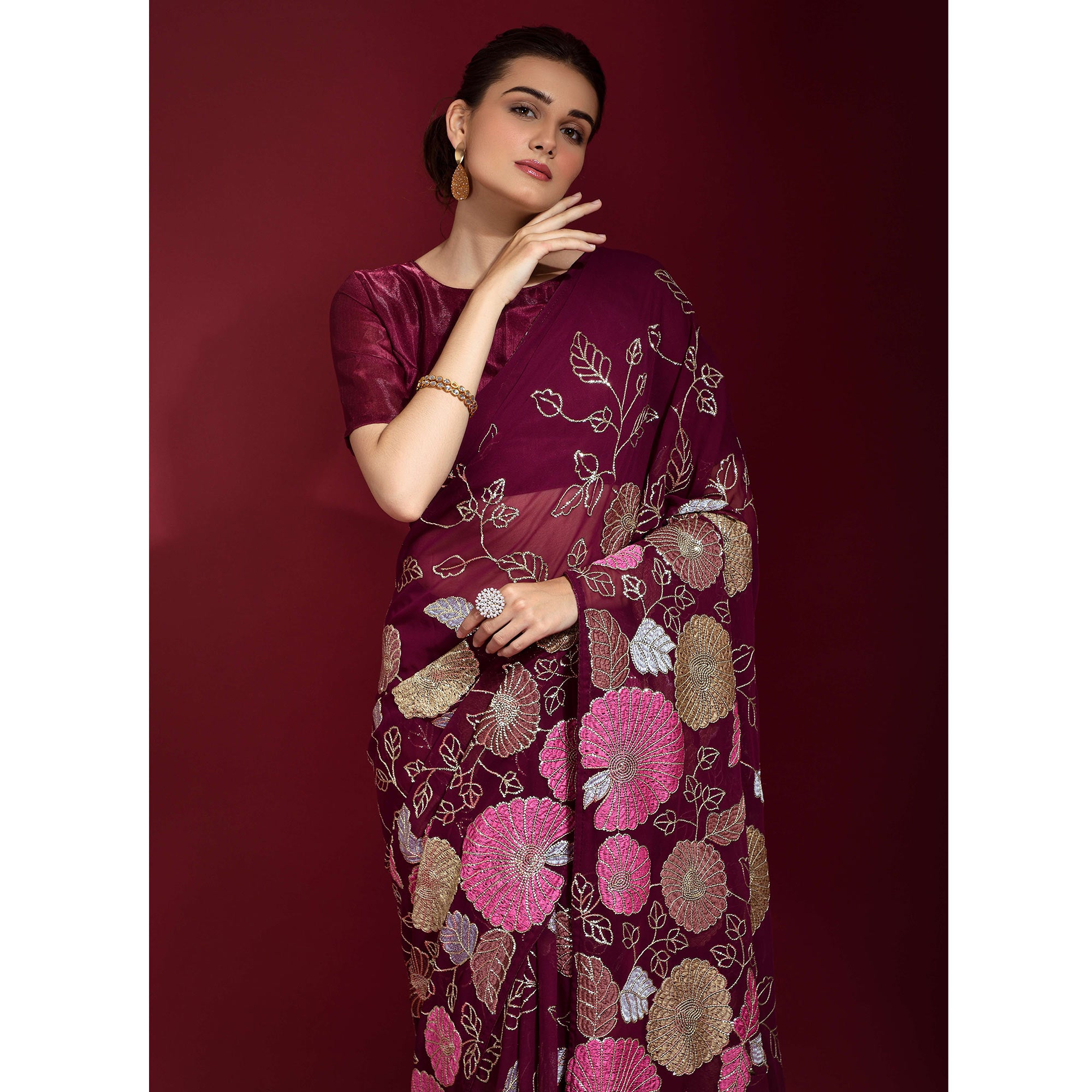 Wine Floral Sequins Embroidered Georgette Saree