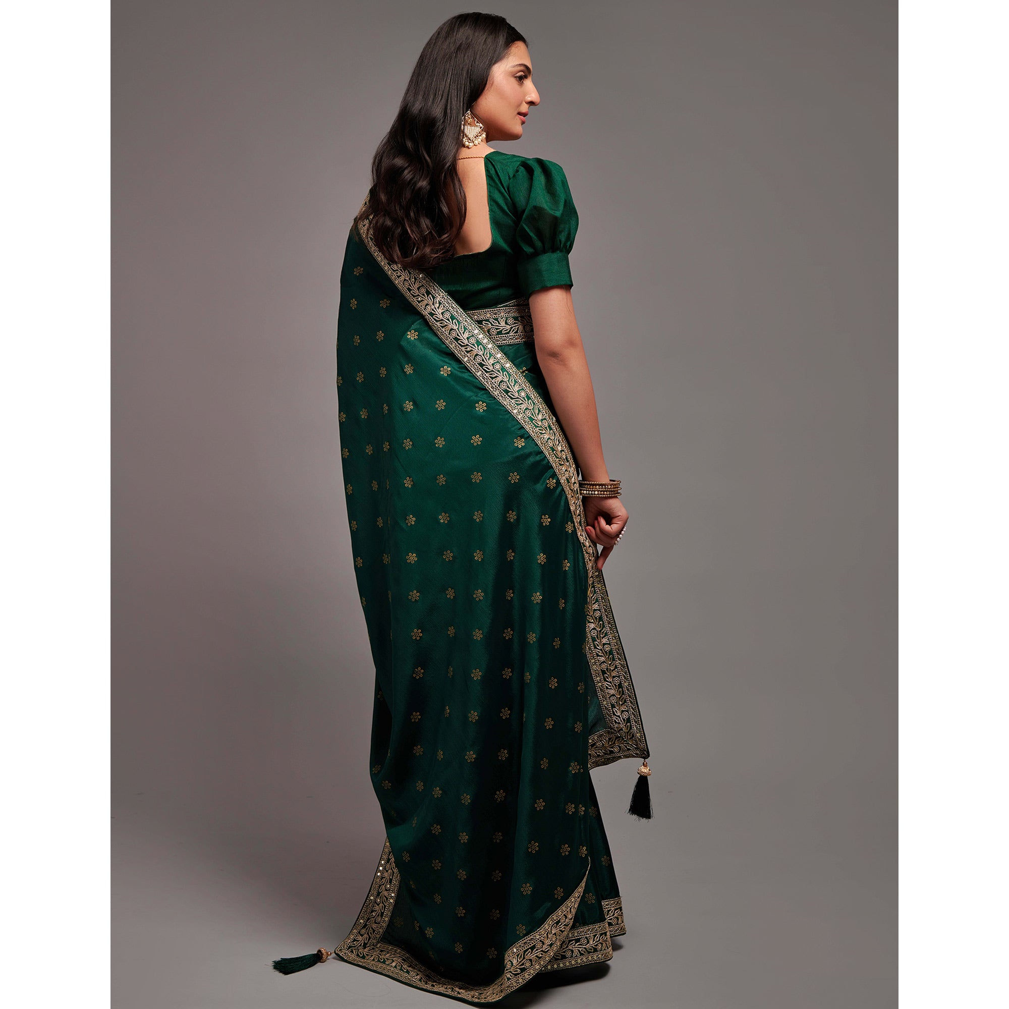 Green Foil Printed With Embroidered Border Chinon Saree