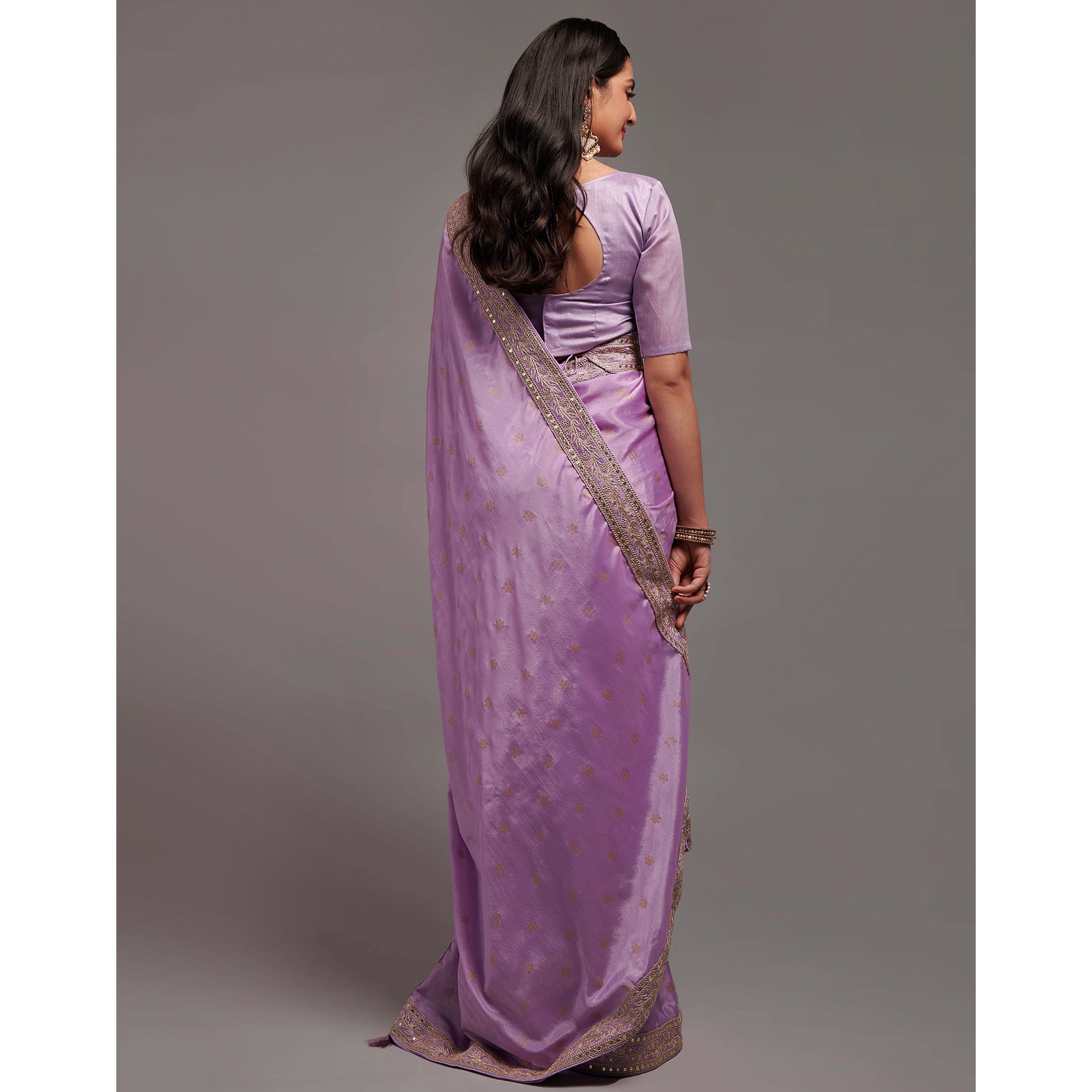 Light Purple Foil Printed With Embroidered Border Chinon Saree