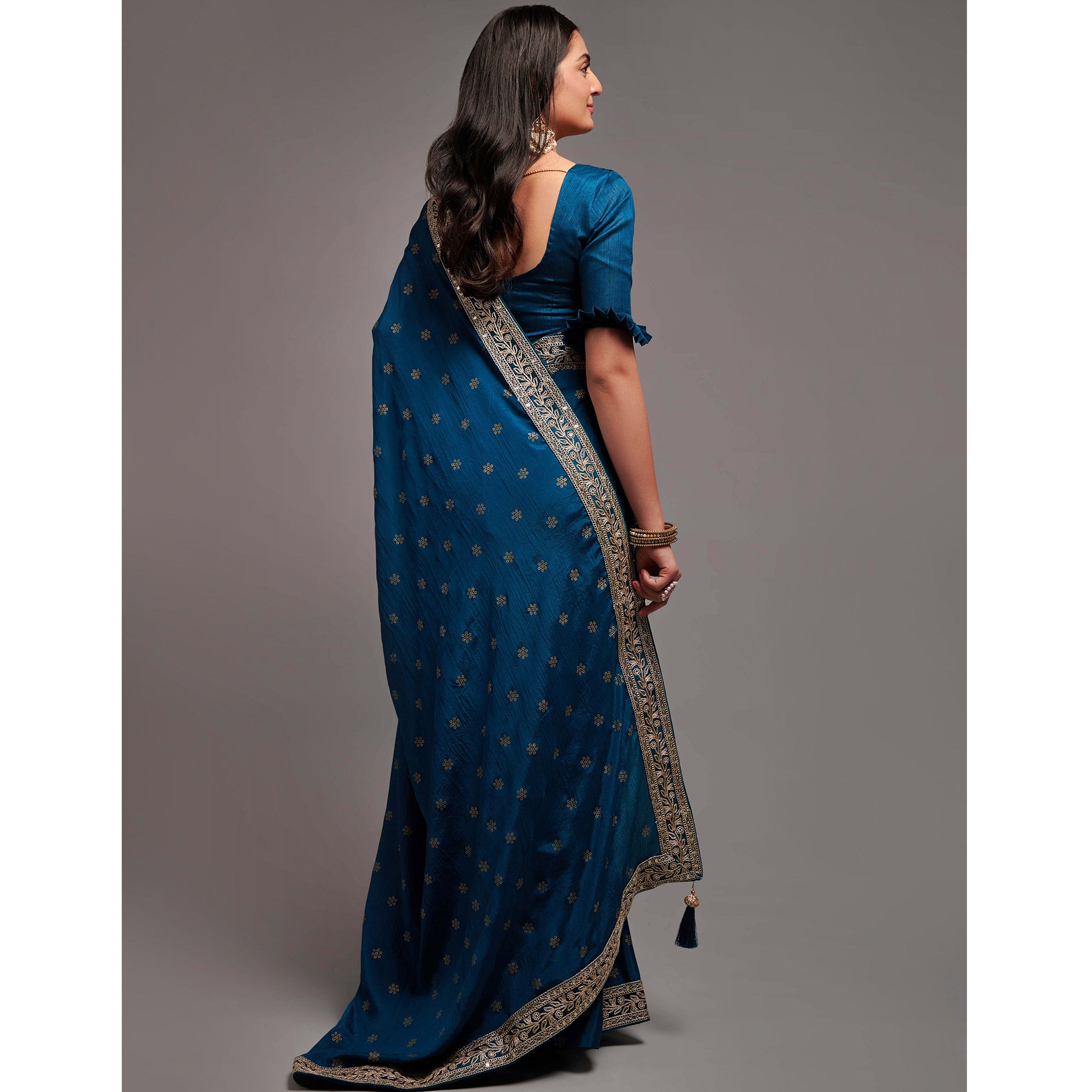 Blue Foil Printed With Embroidered Border Chinon Saree