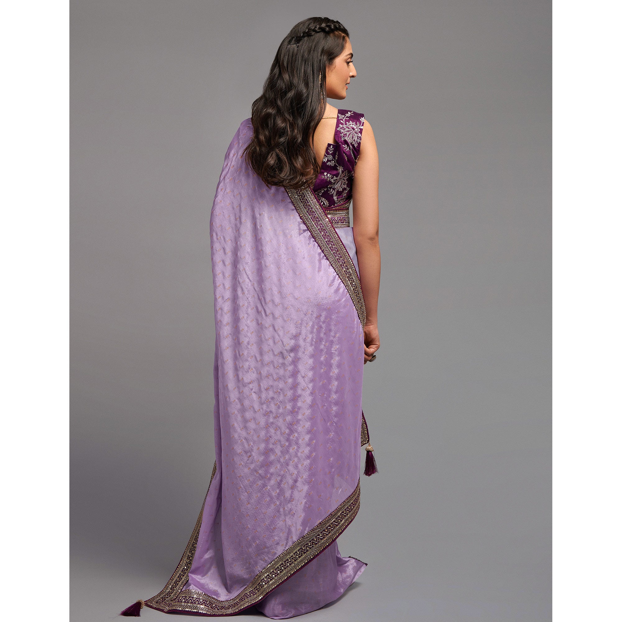 Light Purple Foil Printed With Embroidered Border Chinon Saree