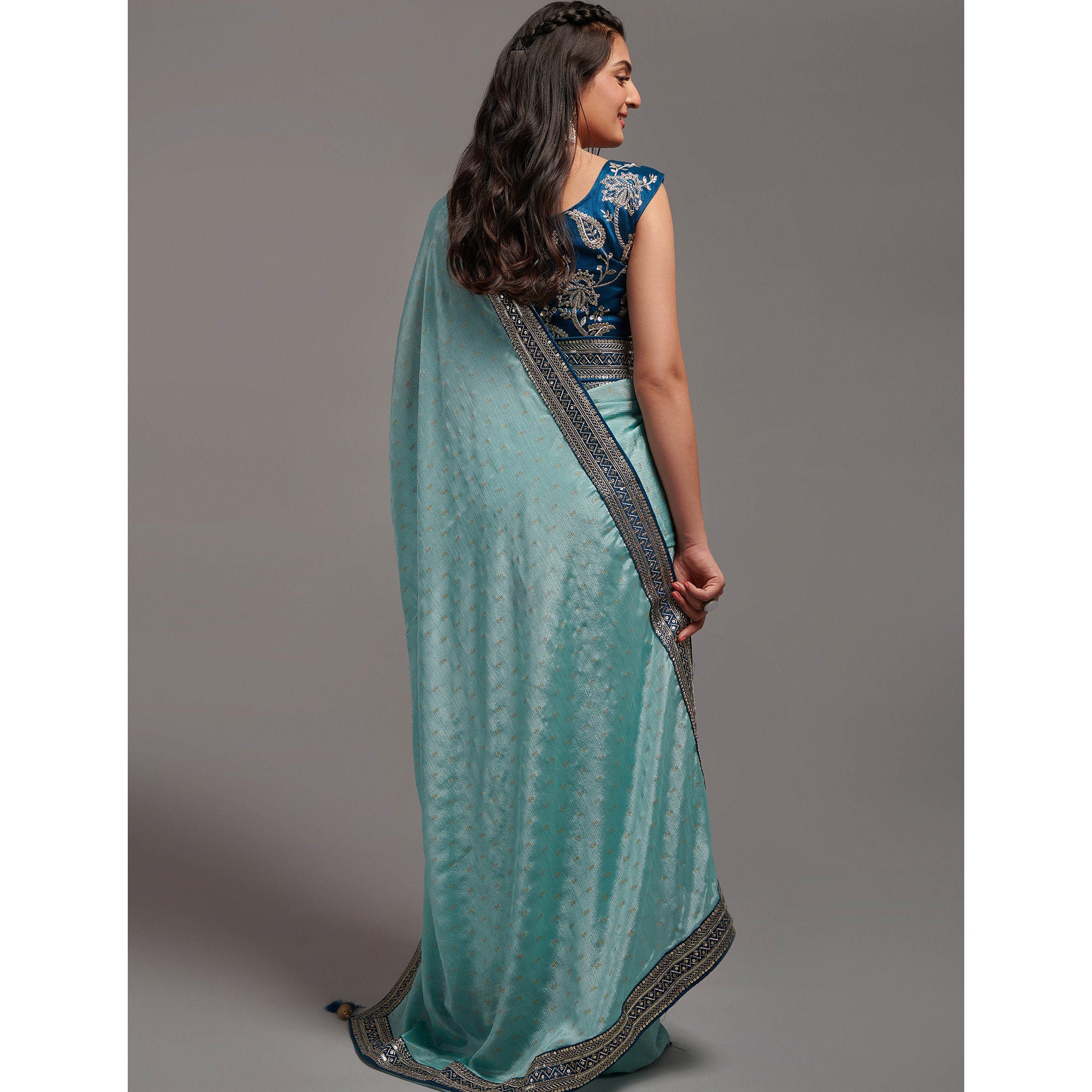 Turquoise Foil Printed With Embroidered Border Chinon Saree