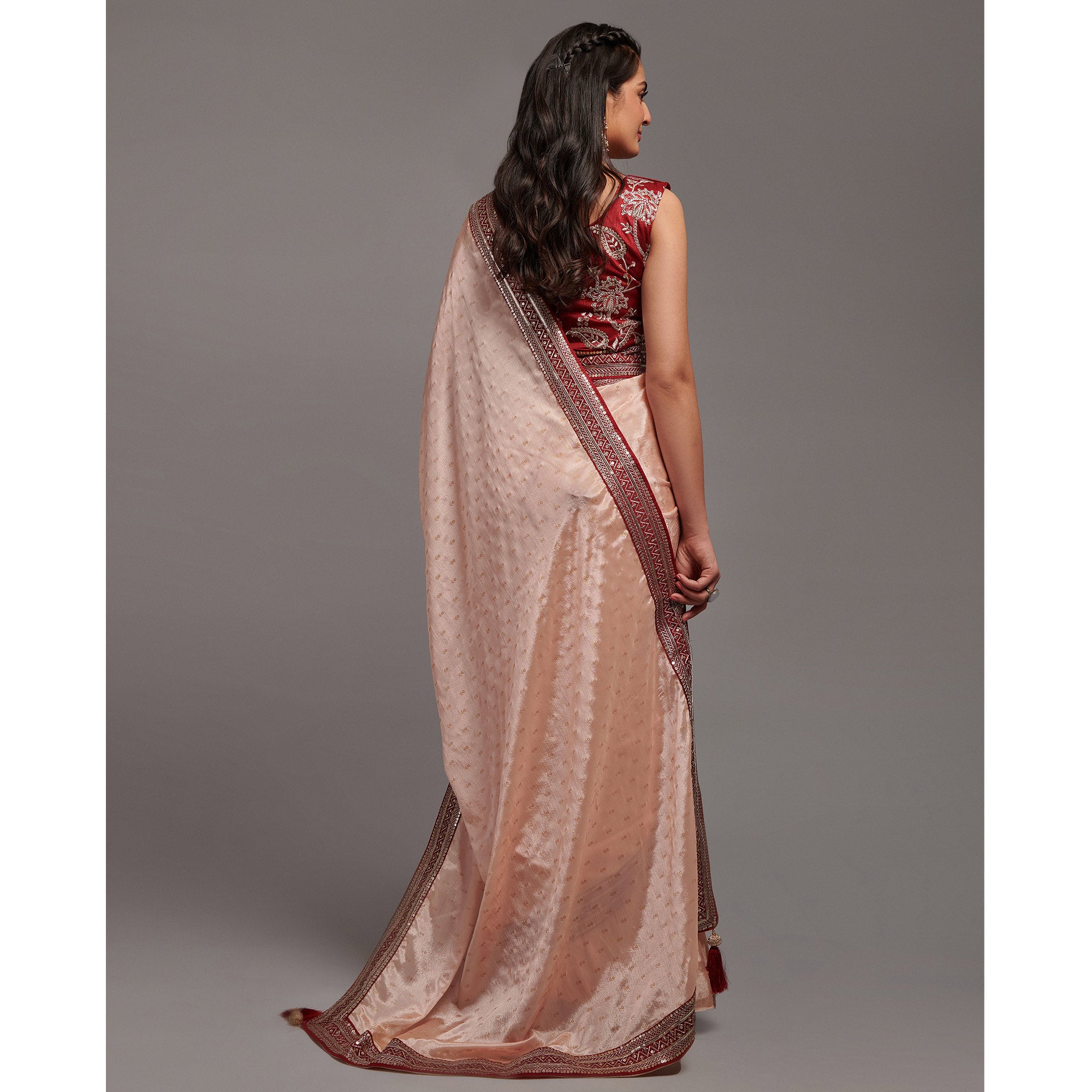 Peach Foil Printed With Embroidered Border Chinon Saree