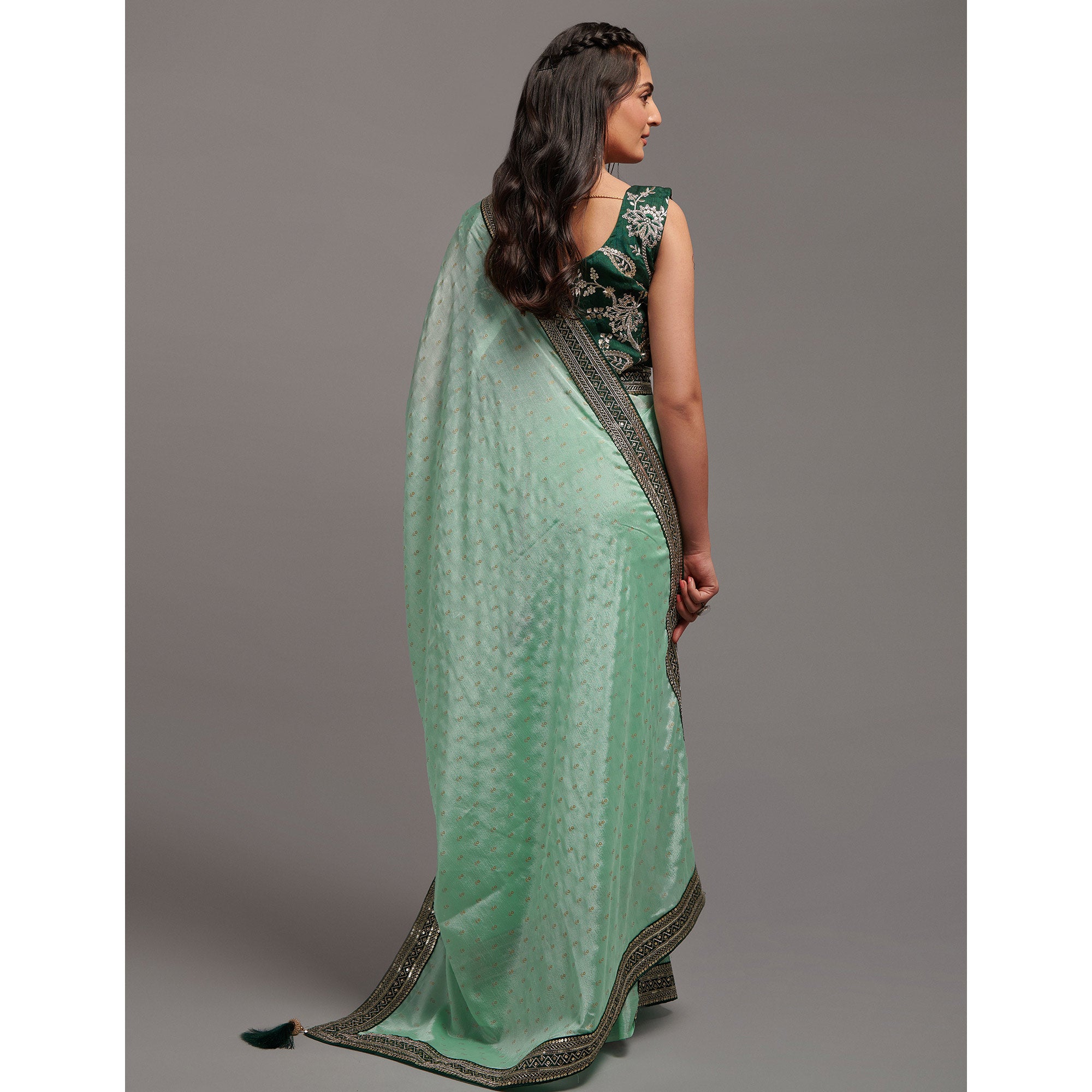 Green Foil Printed With Embroidered Border Chinon Saree