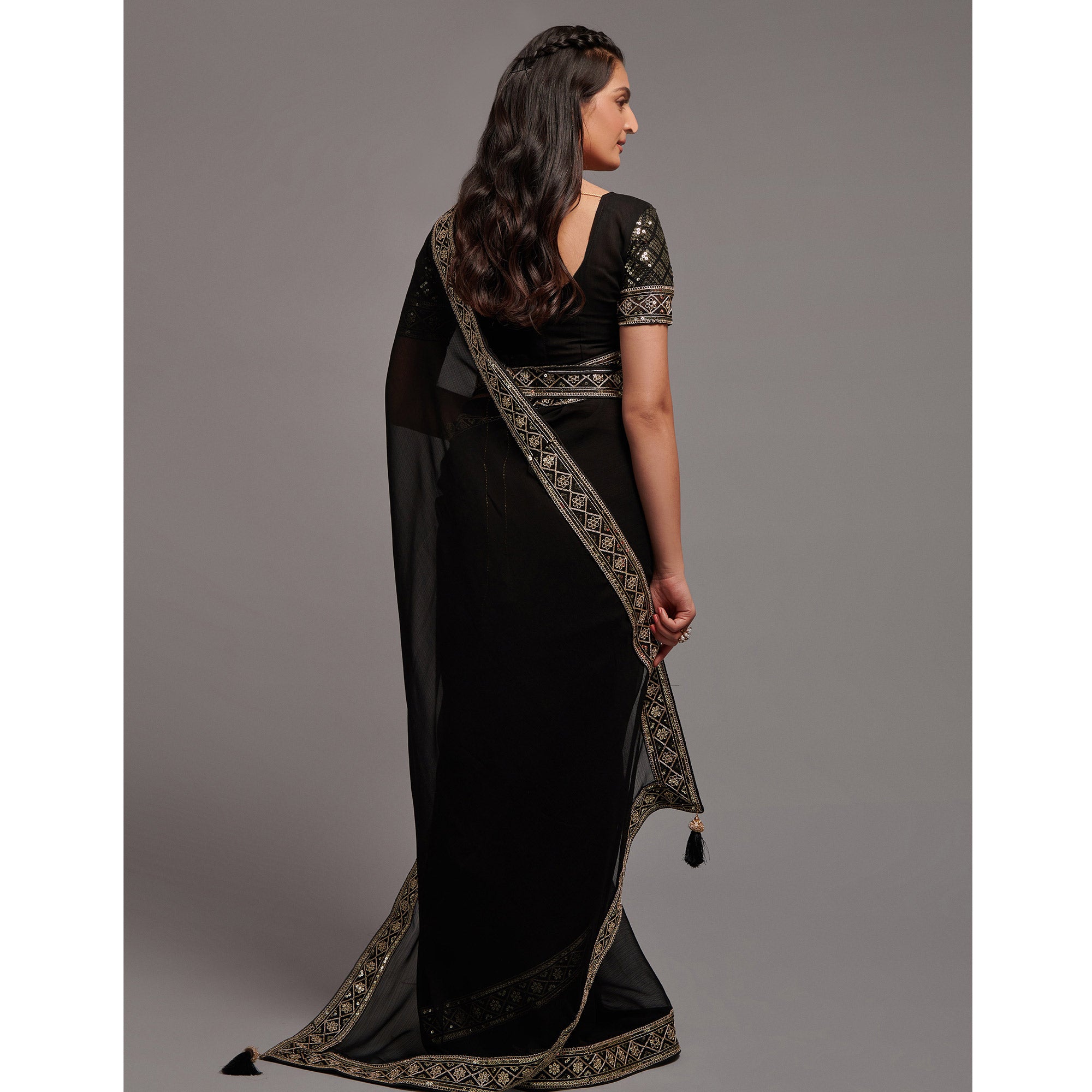 Black Sequins Embroidered Border Chinon Saree