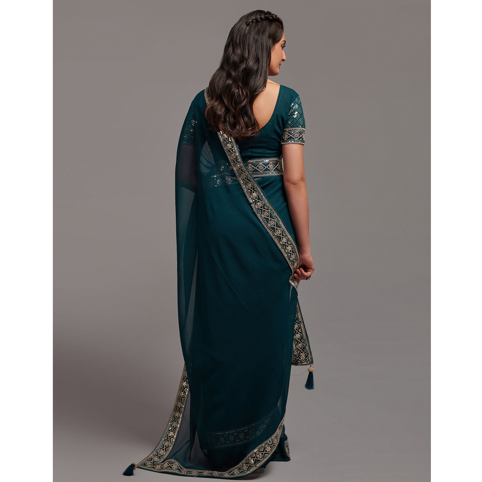 Morpich Sequins Embroidered Border Chinon Saree