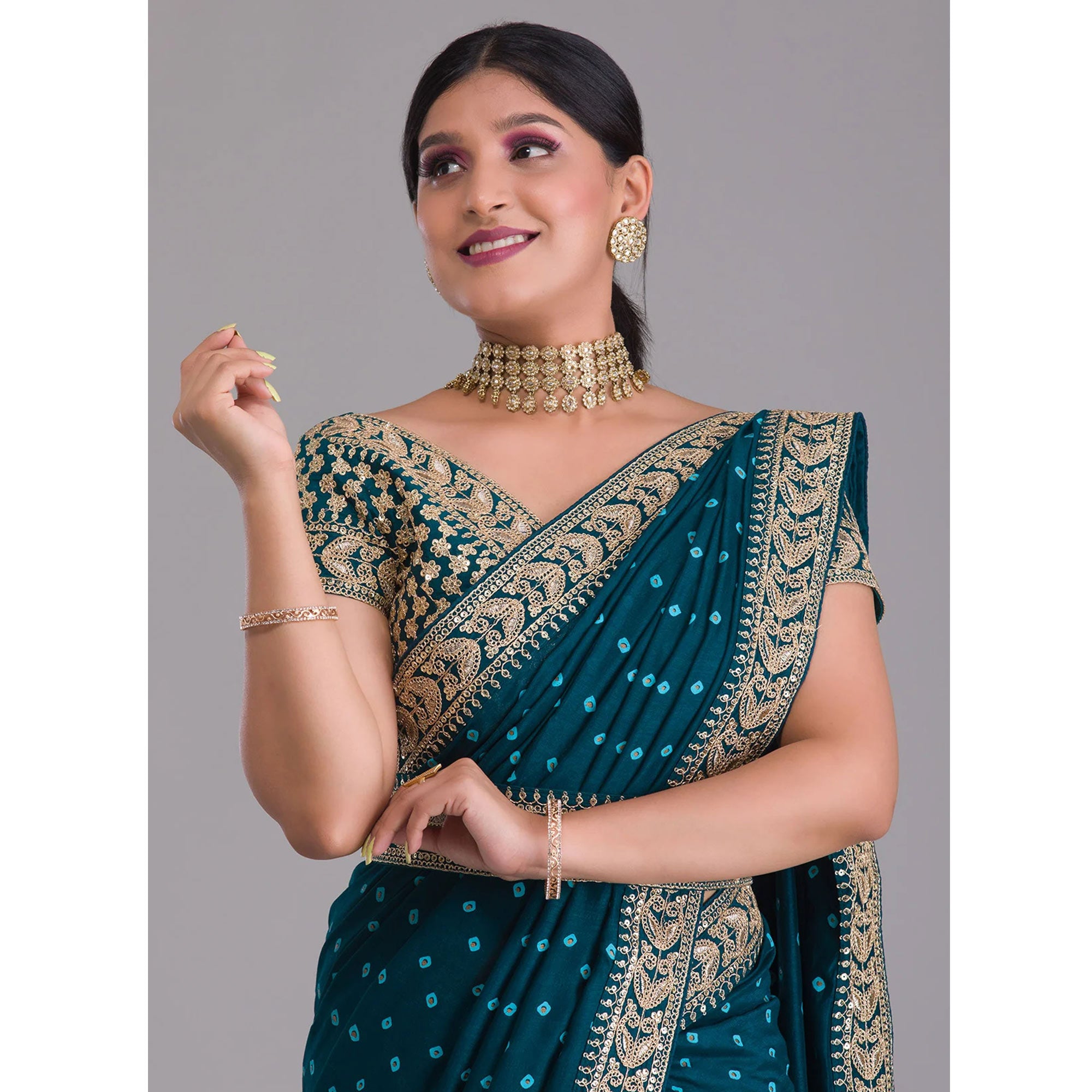 Blue Printed With Embroidered Vichitra Silk Saree