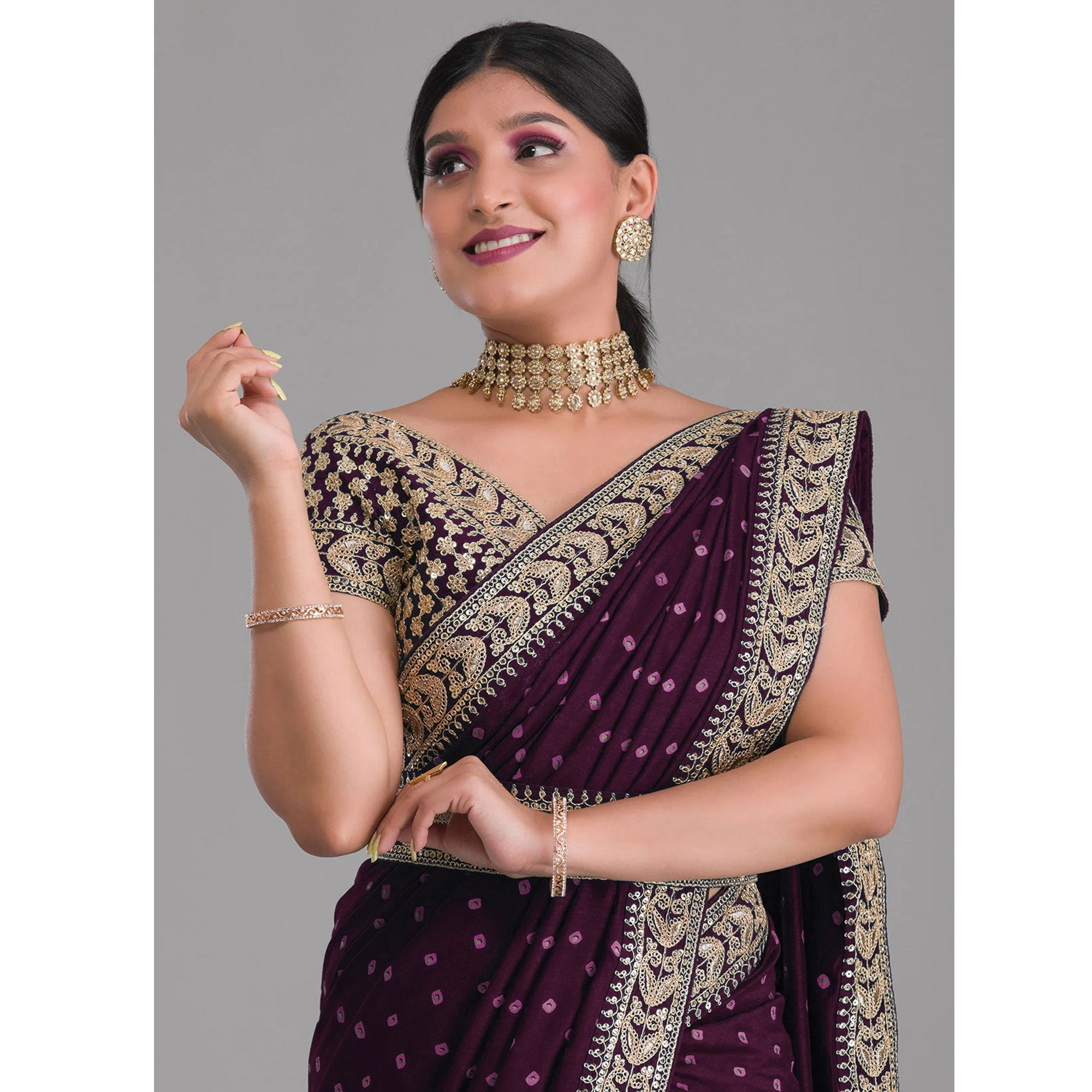 Wine Printed With Embroidered Vichitra Silk Saree