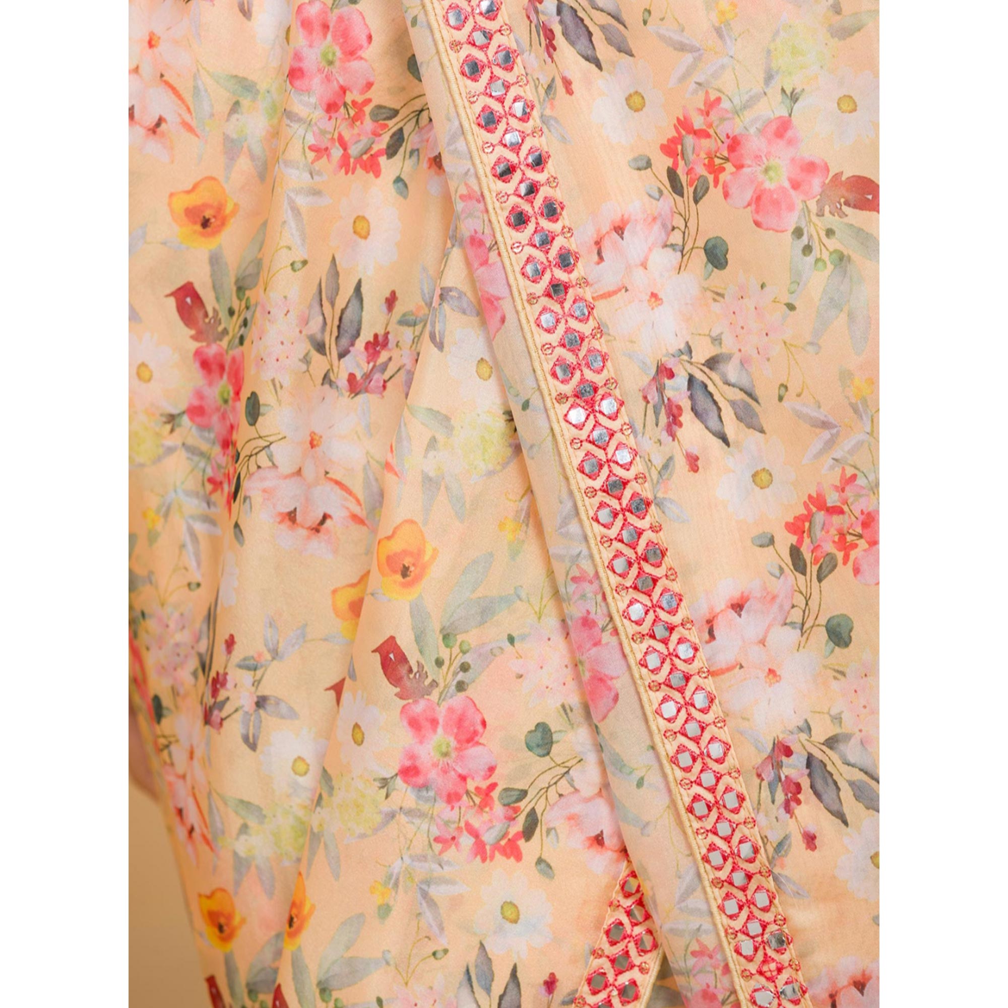 Peach Floral Printed Chinon Saree With Fancy Mirror Border