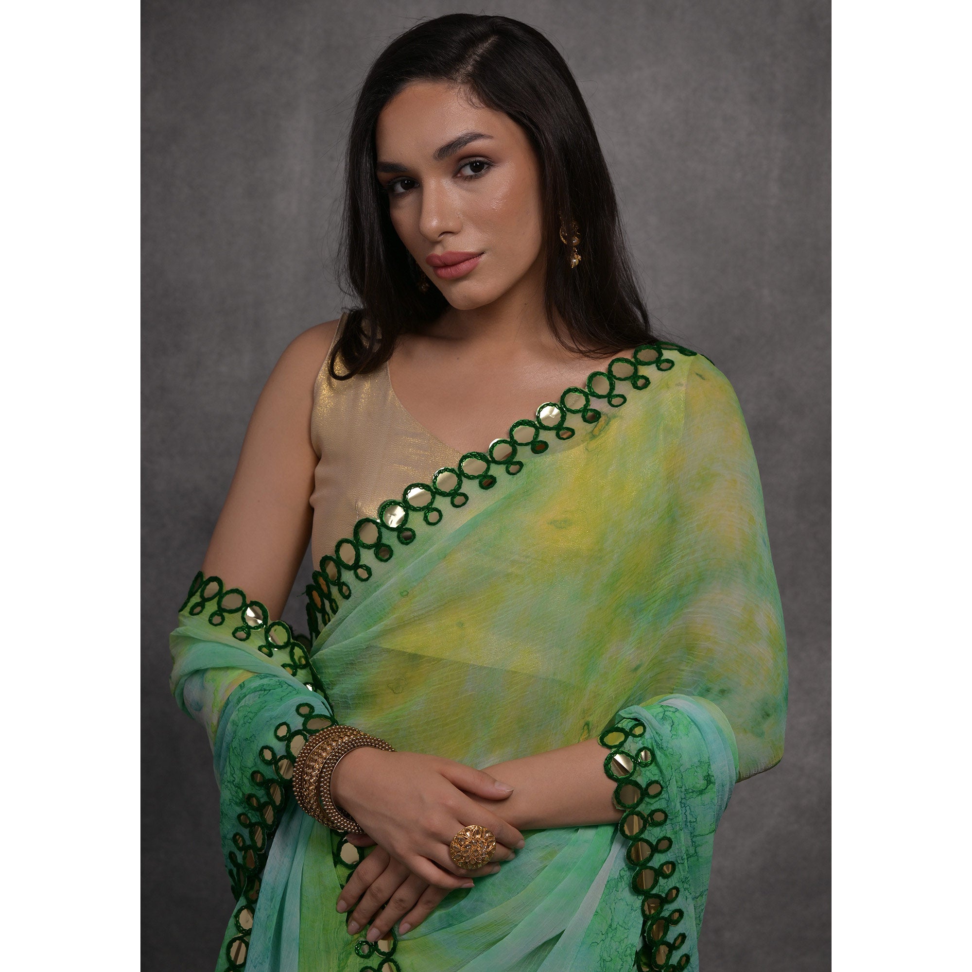 Multicolor Printed With Mirror Work Georgette Saree